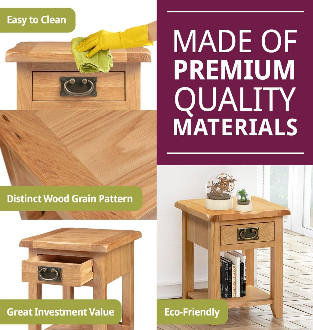Hallowood Monchique Small Solid Oak Side Table with Drawer and Shelf
