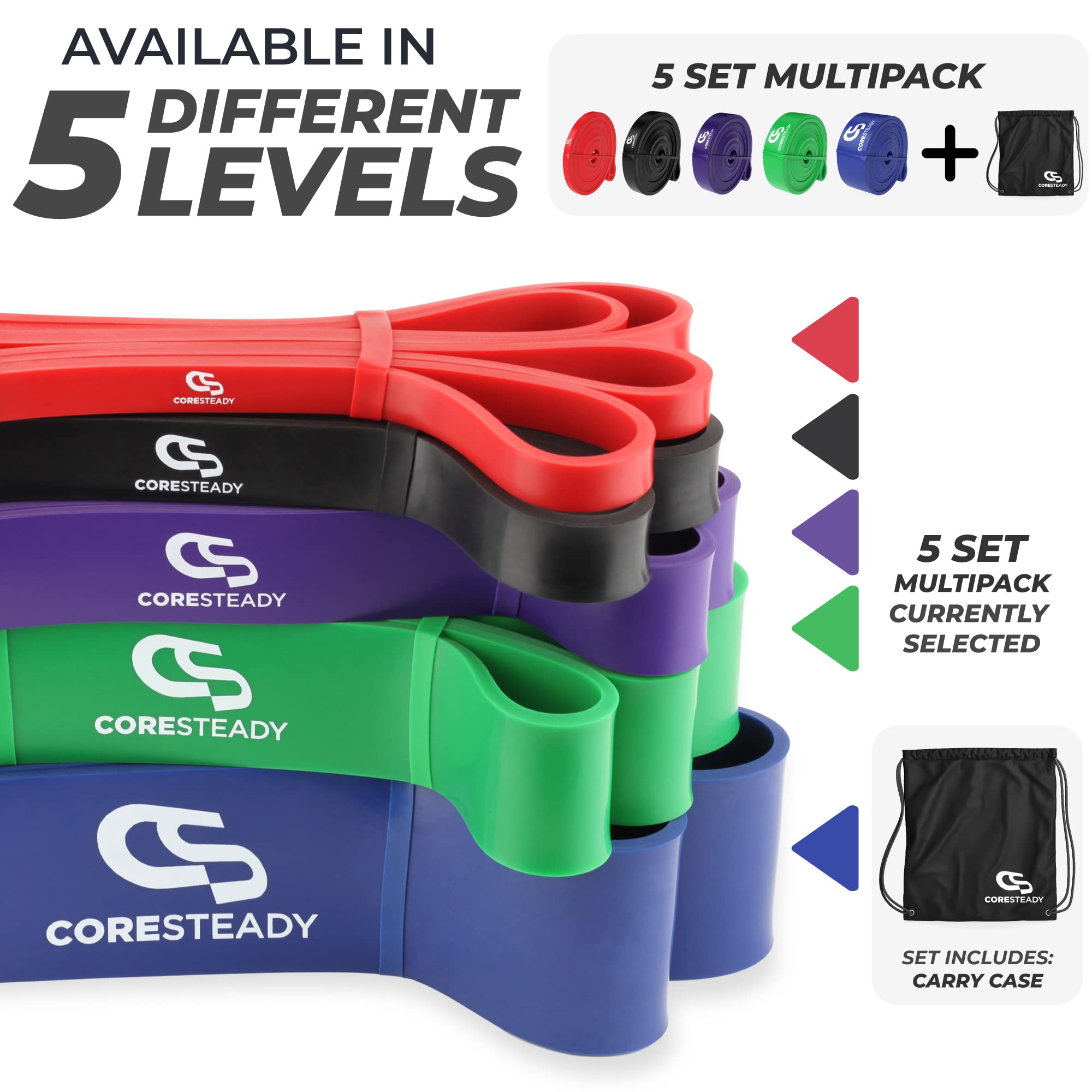 Coresteady Pull Up Resistance Bands Set of 5 - Heavy Duty Latex Loop Bands