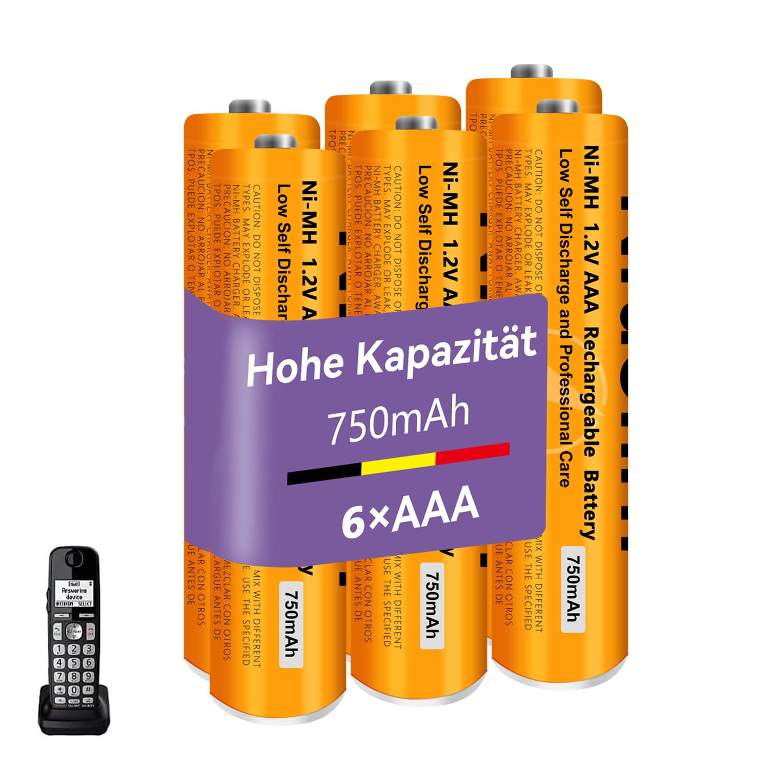 750mAh Ni-MH AAA Rechargeable Batteries for Panasonic, 6 Pack