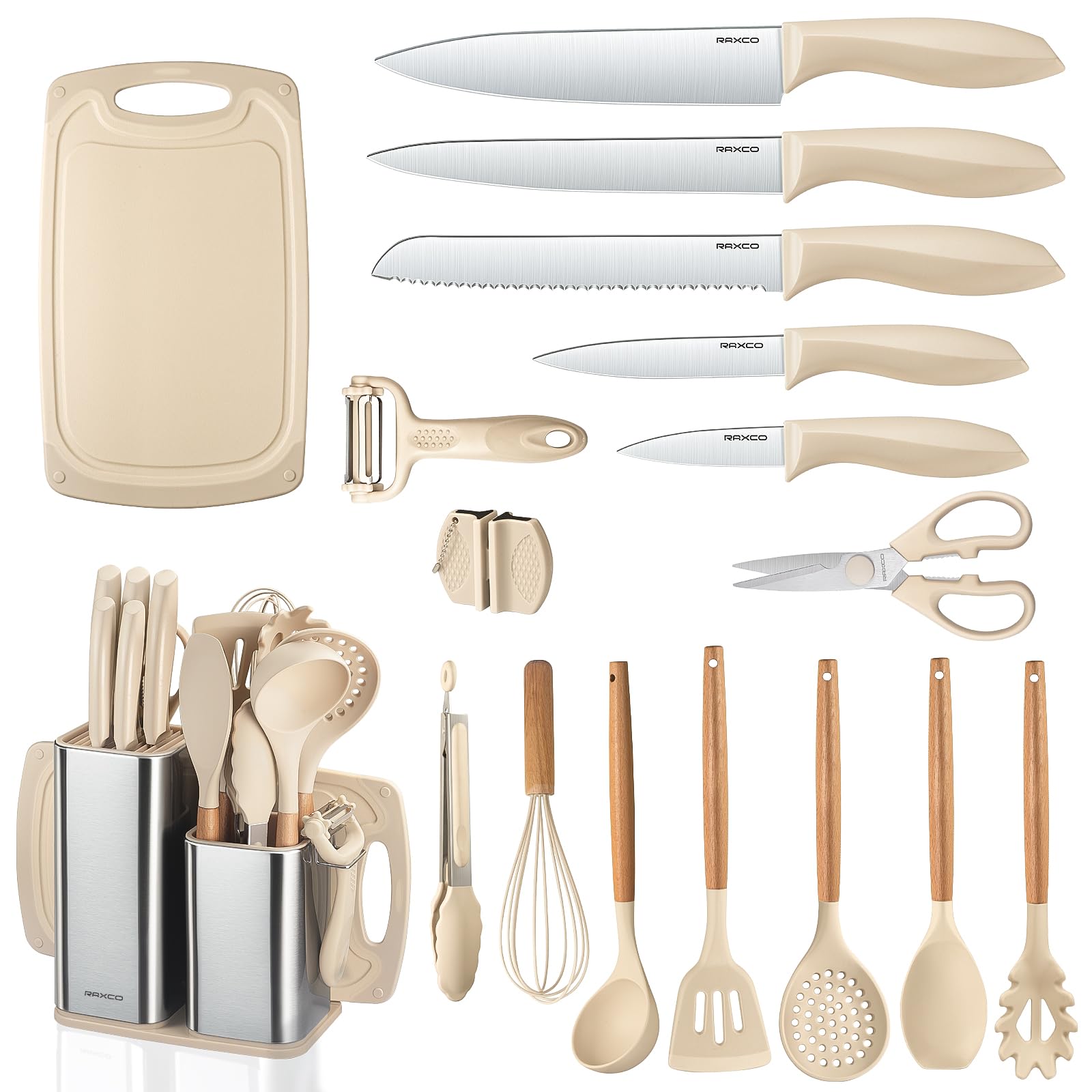 RAXCO 18-Piece Kitchen Knife Set with Block and Silicone Spatula Set