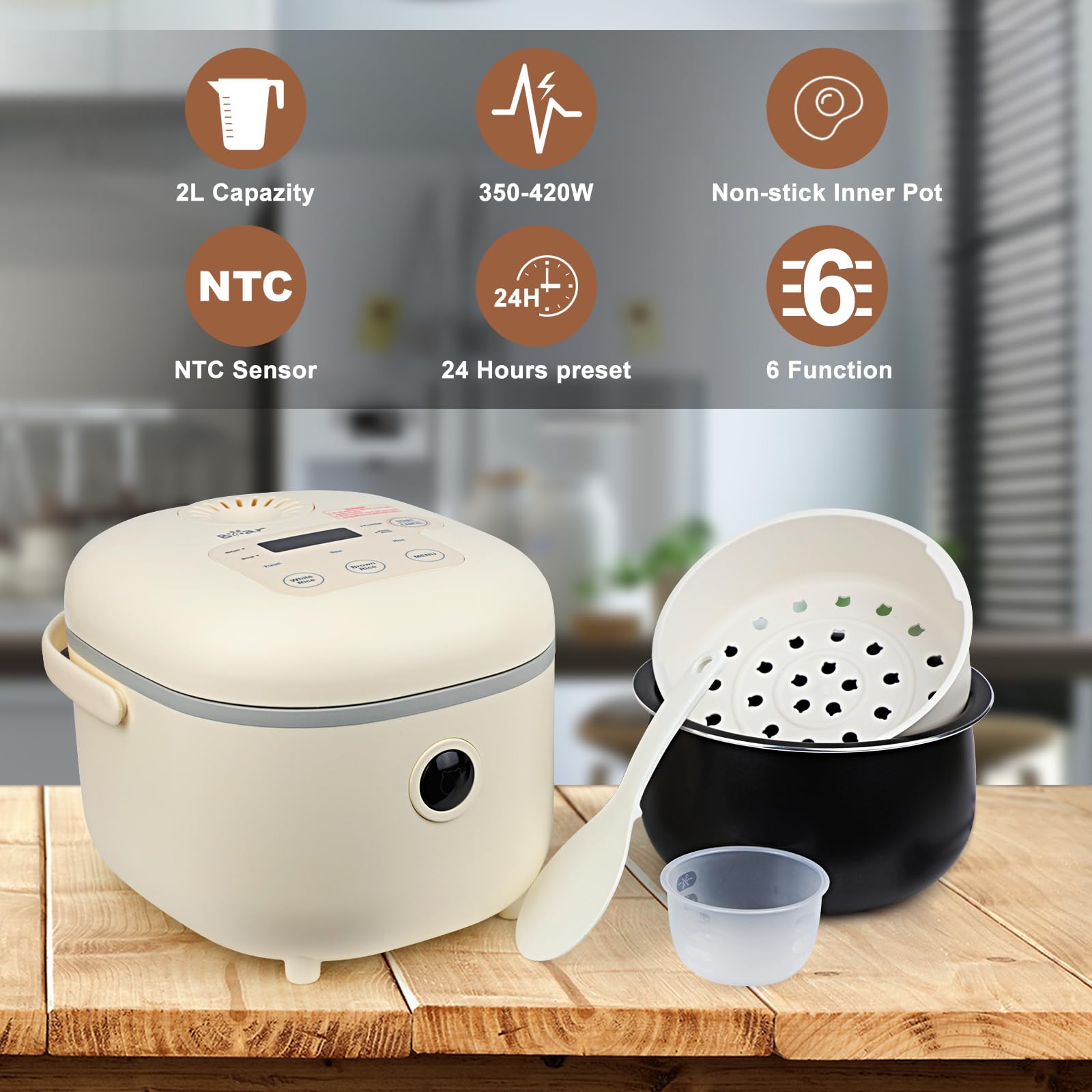 Bear 4-Cup Multifunctional Rice Cooker with Steamer and Non-Stick Pot