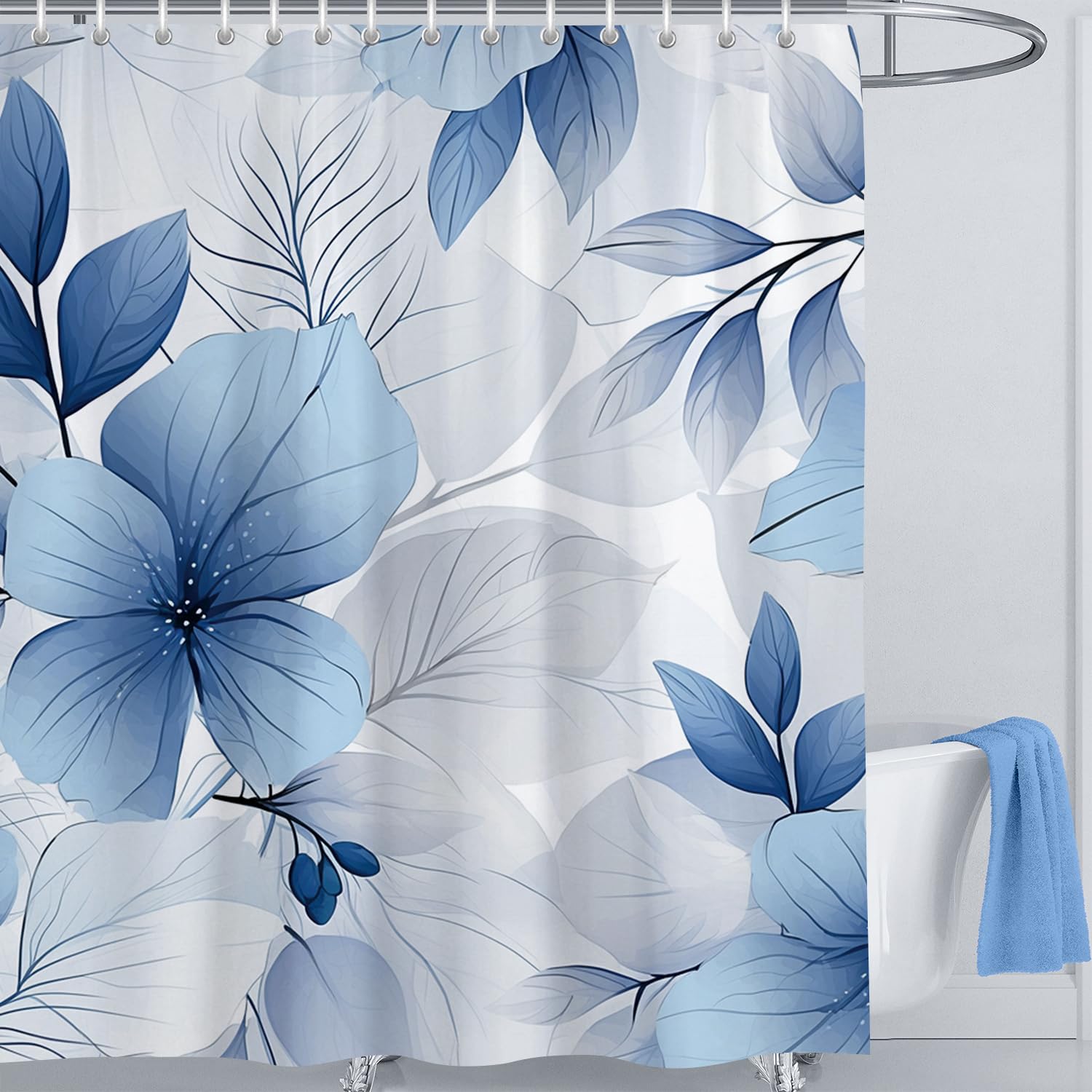 LIVETTY Blue Floral Shower Curtain | 180x180cm Waterproof Polyester