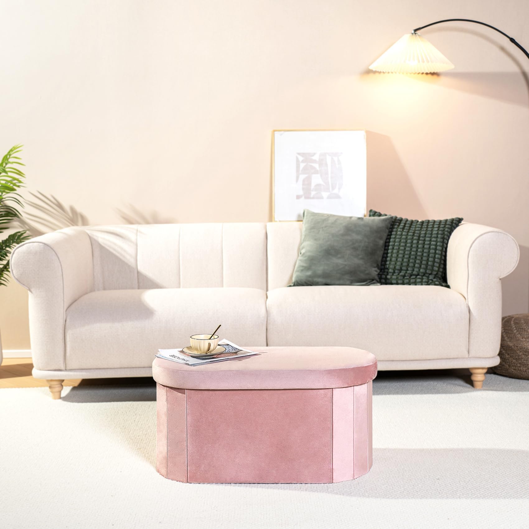 Bonlife Pink Velvet Ottoman Storage Bench | Foldable Oval Toy Box
