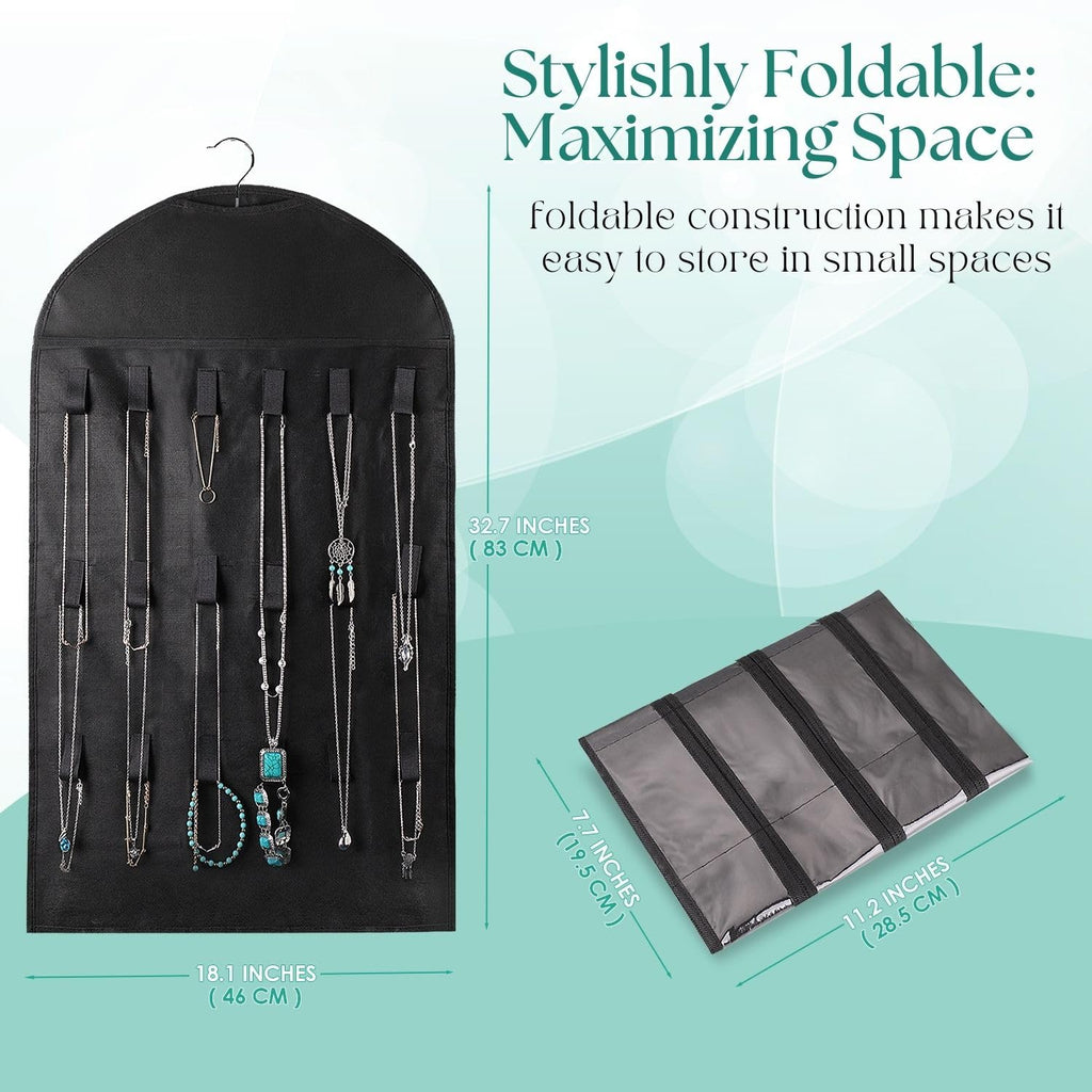 Flexzion Hanging Jewelry Organizer – 1 Pack Black 32 Clear Pockets & 18 Hooks & Loops