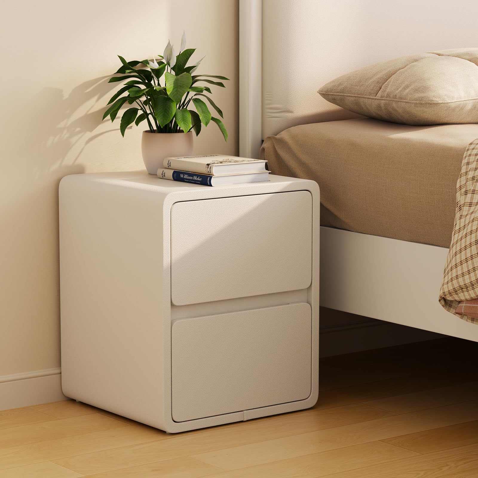 AQIMUELE Narrow Bedside Table | Pre-assembled White Leather Side Table