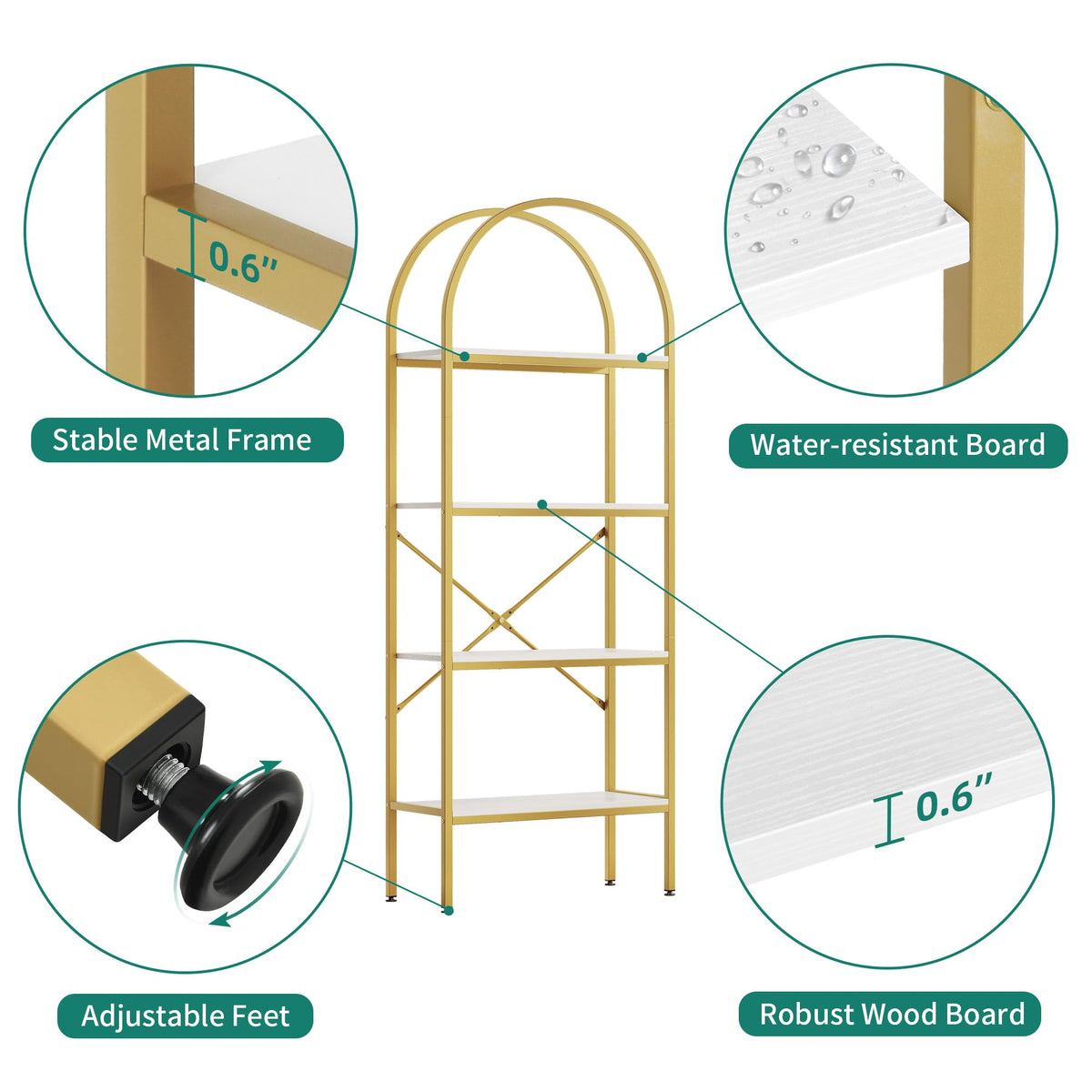 YITAHOME 4 Tier Arch Bookcase, Domed Freestanding Storage Shelf for Living Room, Bedroom, Study, White & Gold, 60x30x181.4 CM