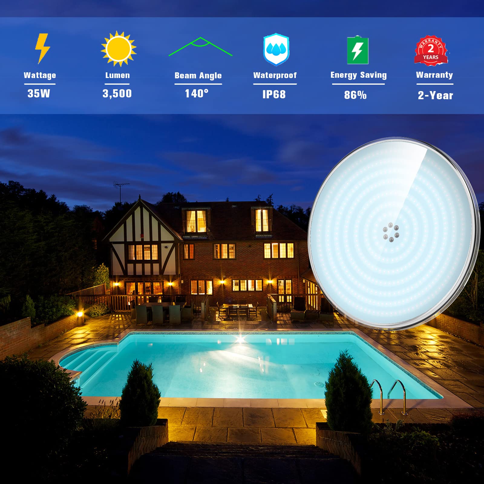 LyLmLe 35W LED Pool Light | PAR56 Resin Filled Underwater Lamp | 3500lm