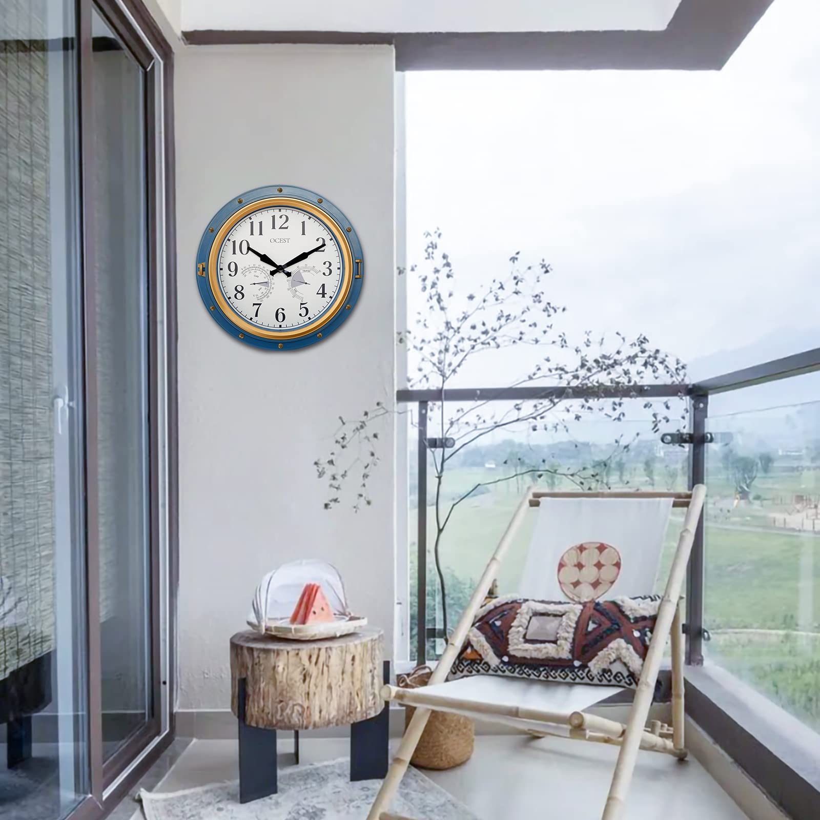 OCEST 16 Inch Outdoor Garden Clock | Waterproof Retro Wall Clock with Blue Frame