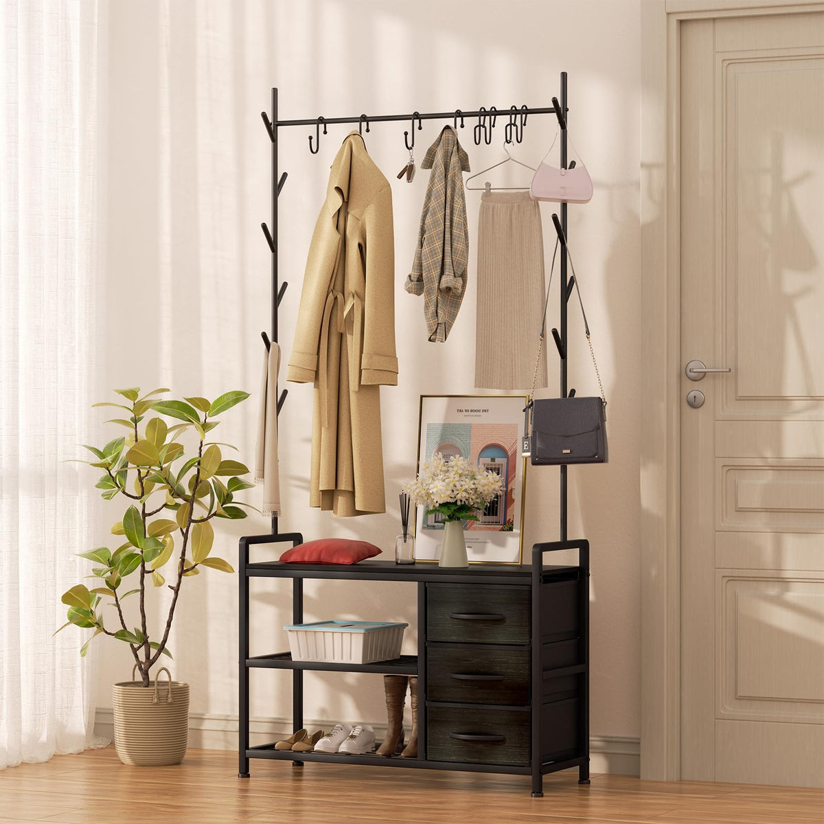 Free Standing Coat Rack Rustic Hall Tree 33"x12"x69.3" Black Wood Veins - image 3