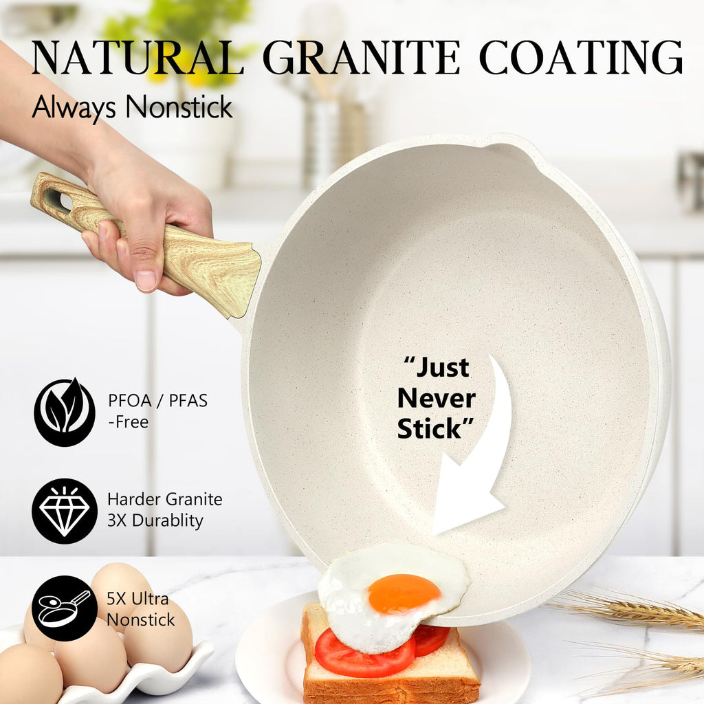 GiPP Nonstick Deep Frying Pan – 2.6L White Granite Saute Pan with Lid