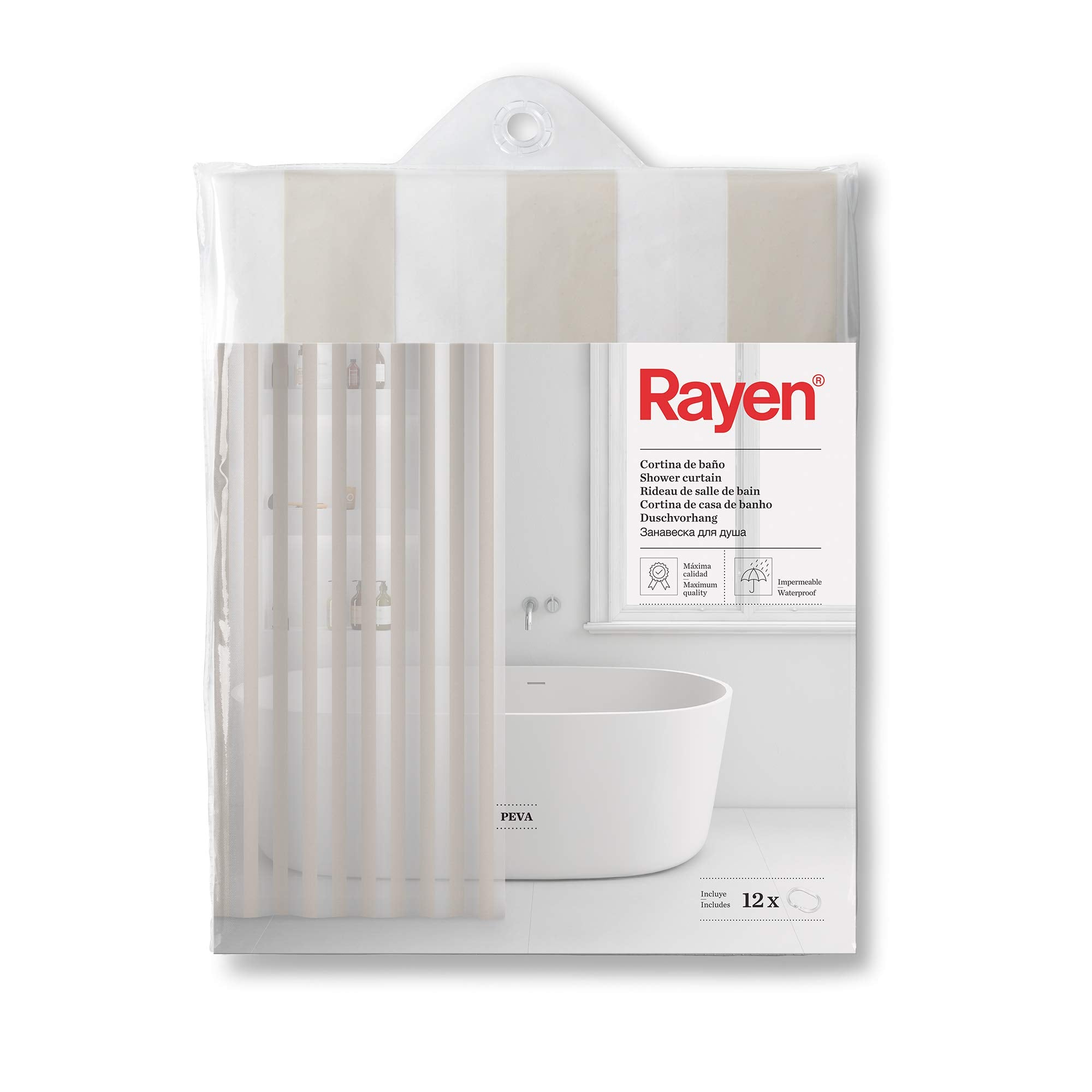 Rayen Waterproof PVA Shower Curtain with 12 Hooks – 180 x 200 cm