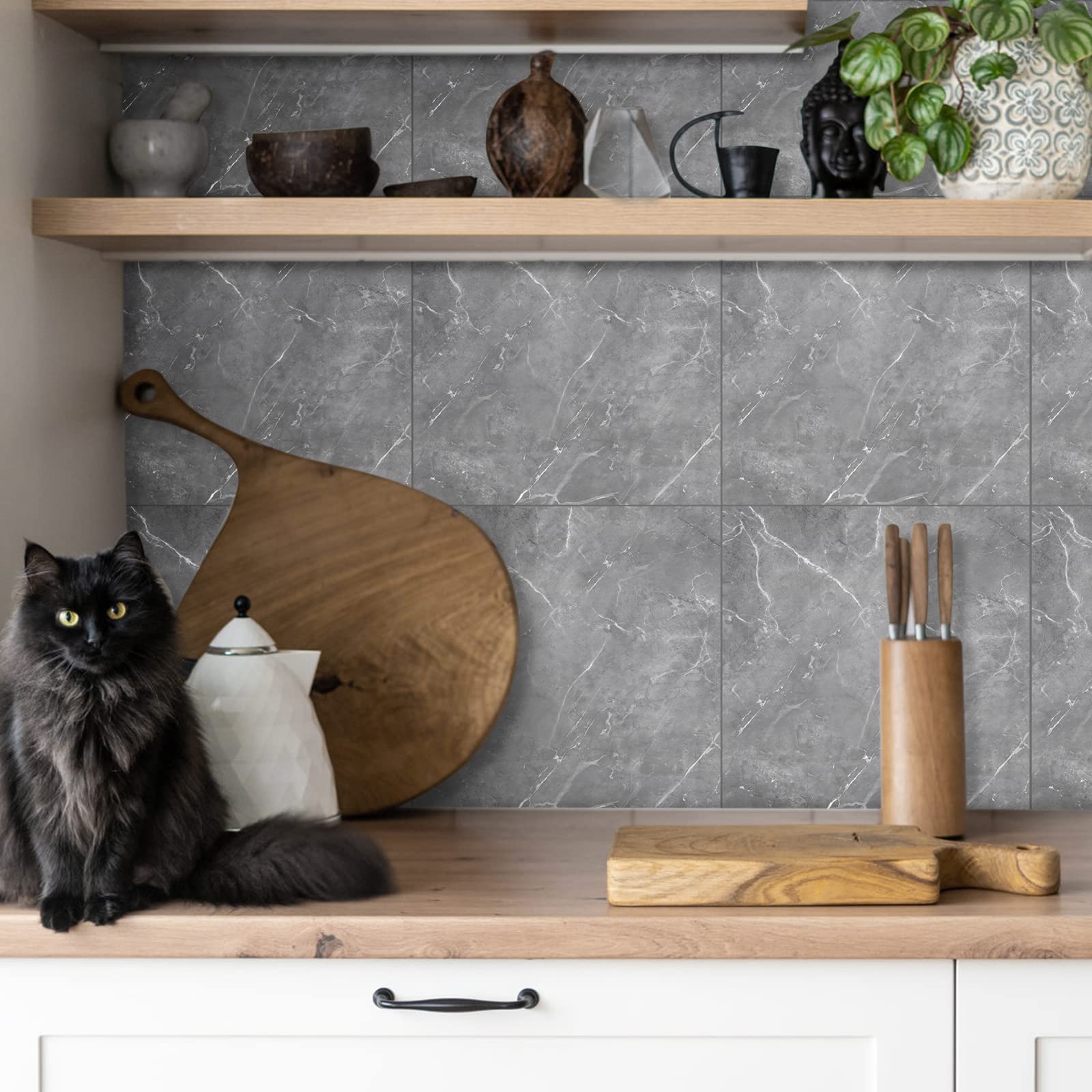 Fantasnight Grey Marble Peel and Stick Wall Tiles - 50Pcs Glossy PET