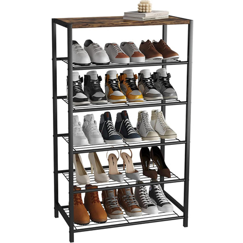 HOME BI 6-Tier Industrial Shoe Rack | Metal Storage Shelf with MDF Top