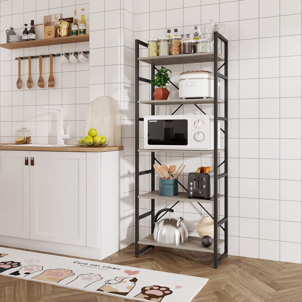 TREETALK 5-Tier Industrial Bookshelf – Grey Standing Storage Rack