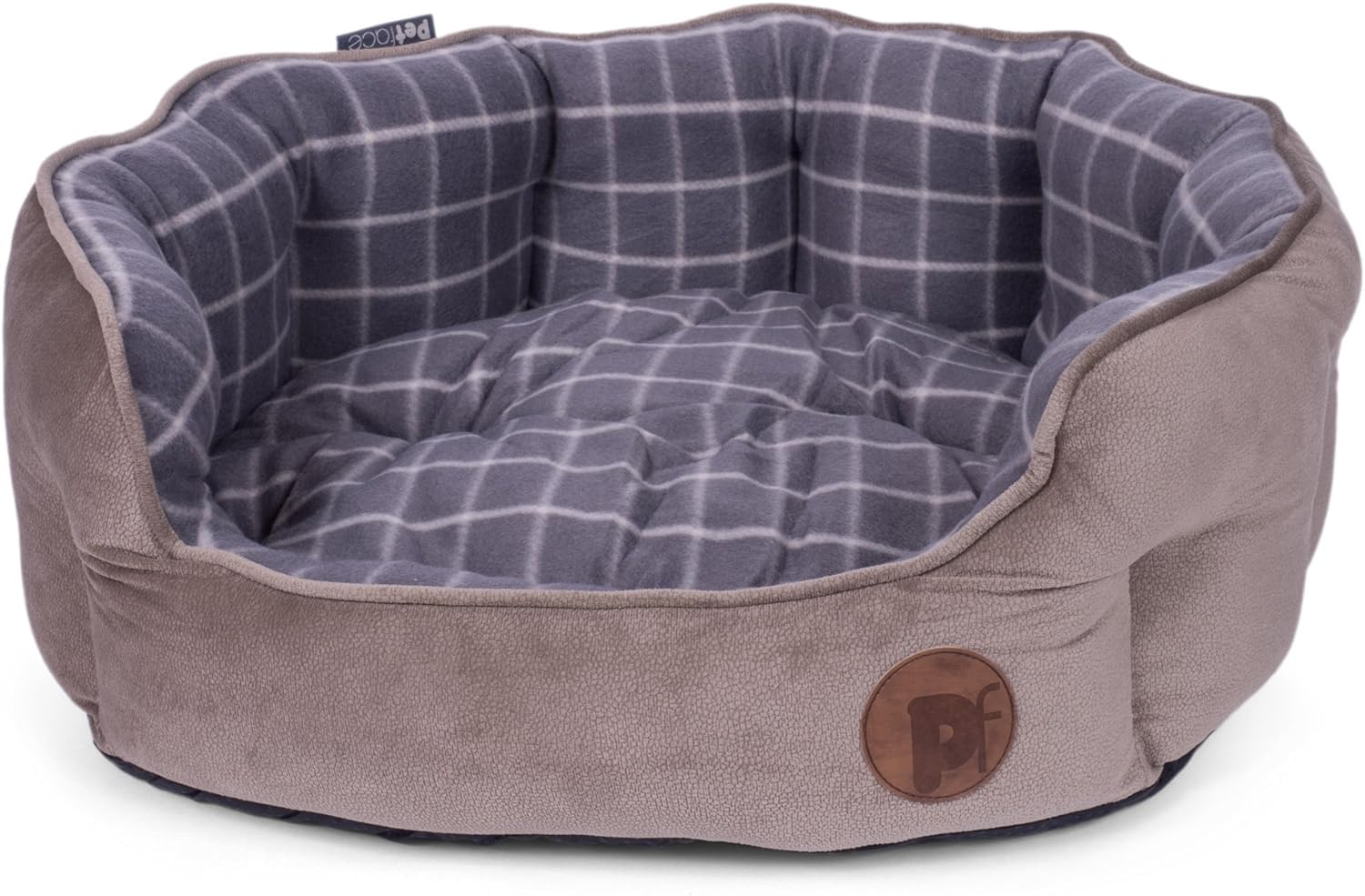 Petface Check and Bamboo Oval Dog Bed - Large Plush Grey Cat Bed
