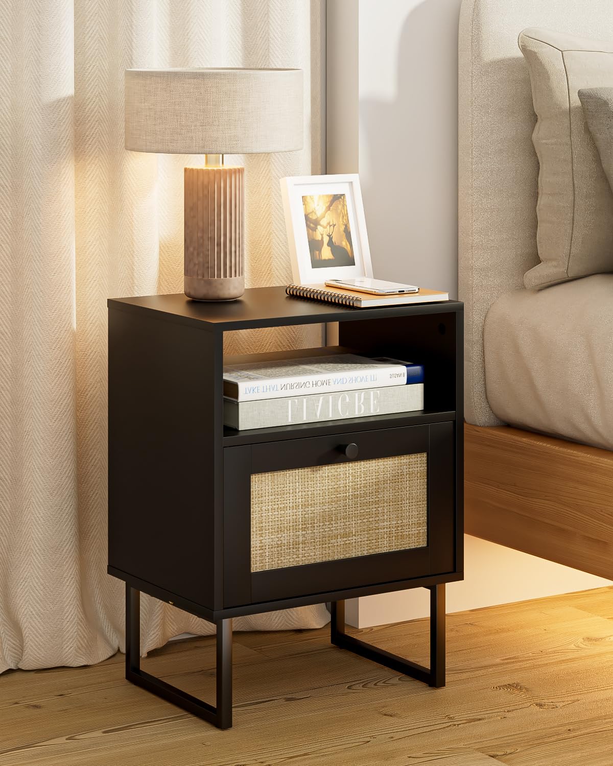 HEYZOEY Boho Rattan Nightstand | Wood Bedside Table with Drawer - Black