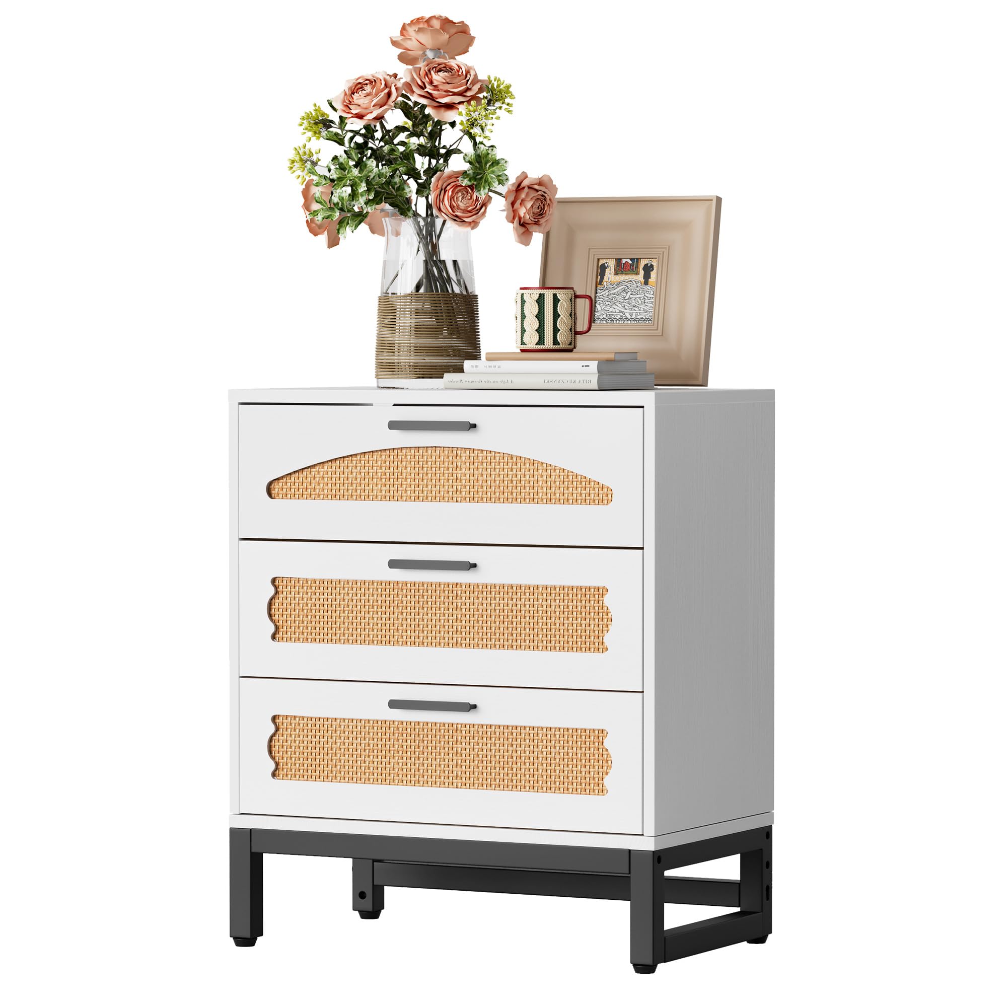 Mericonia 3-Drawer Rattan Dresser | Boho White Wood Storage Cabinet