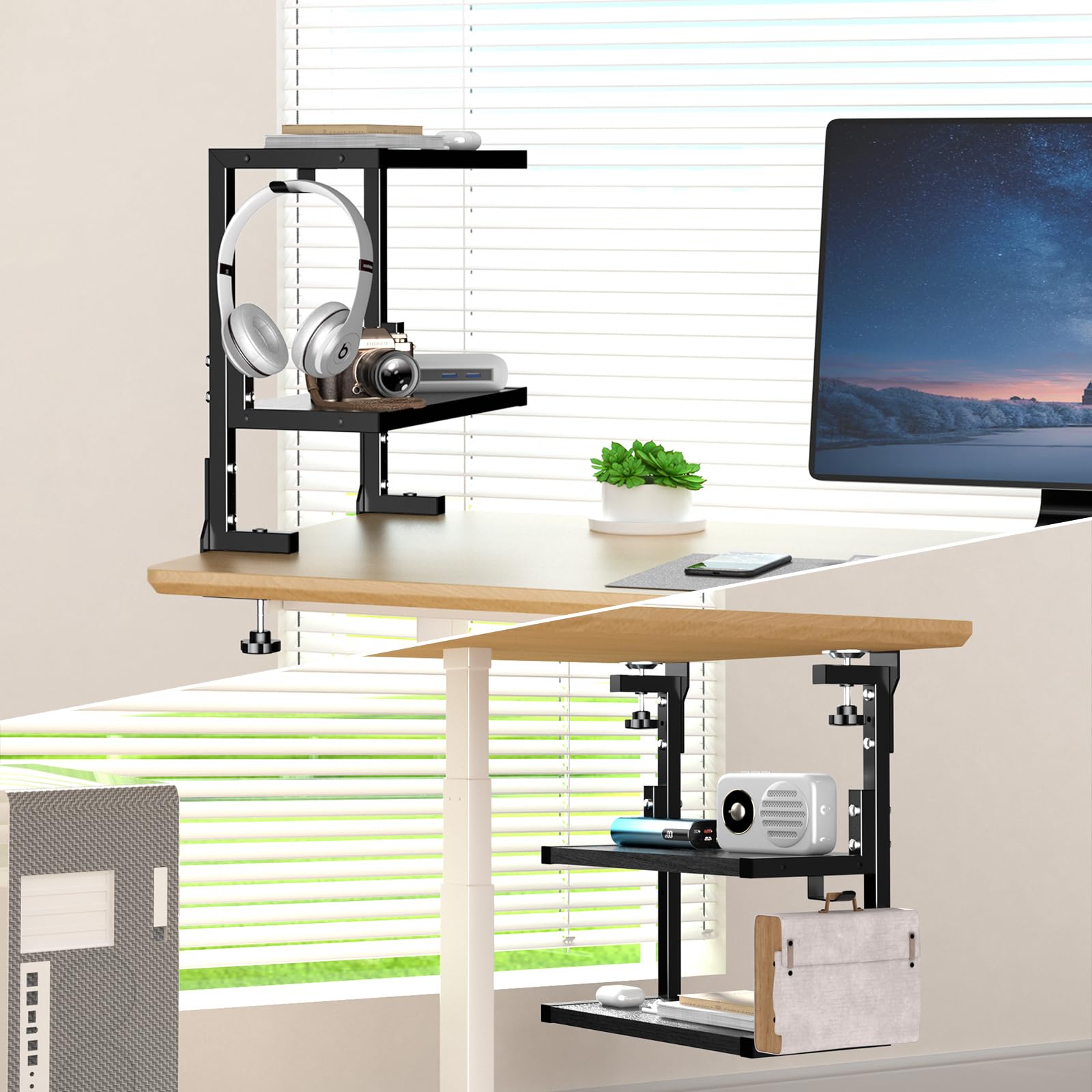 PUTORSEN 2-Tier Clamp-On Desk Shelf | Adjustable Height Organizer, Black
