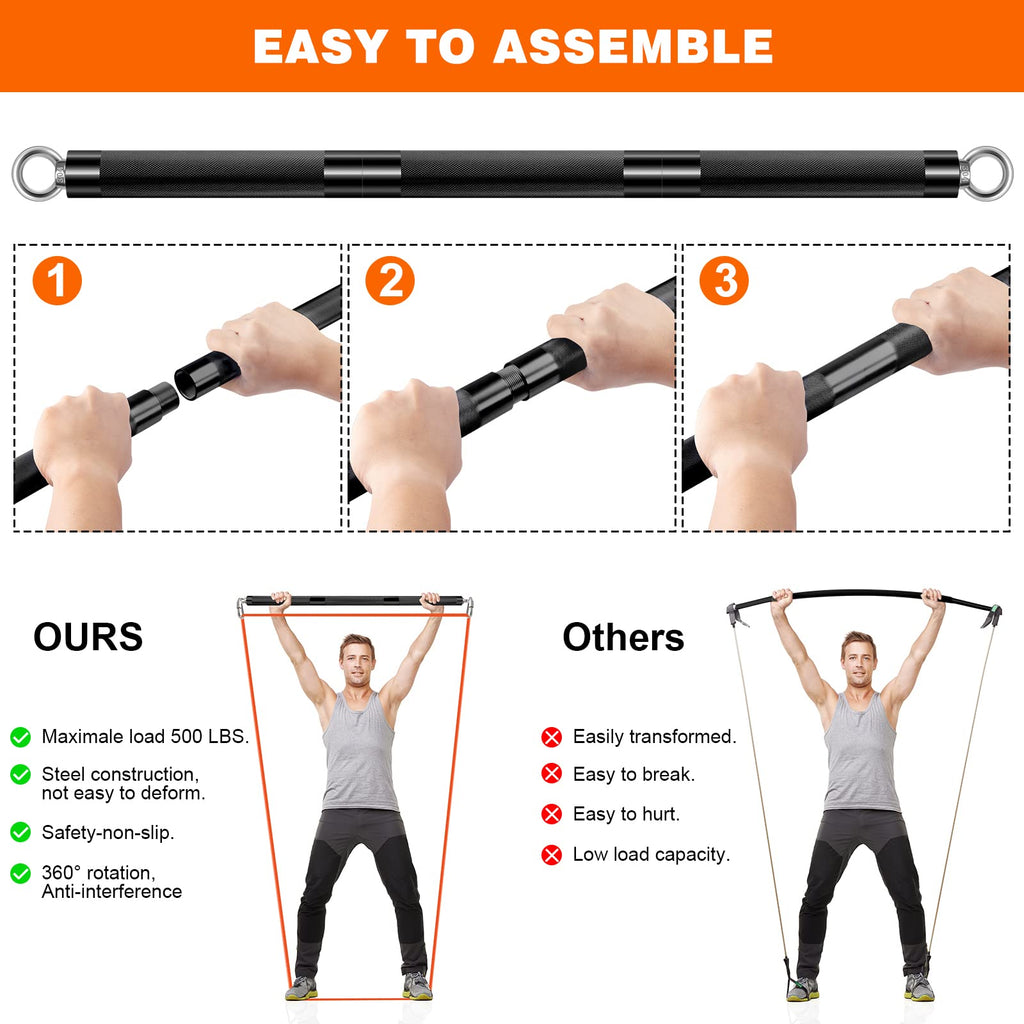 DASKING Resistance Bands Bar | Portable 500lb Steel Workout Bar for Home Gym