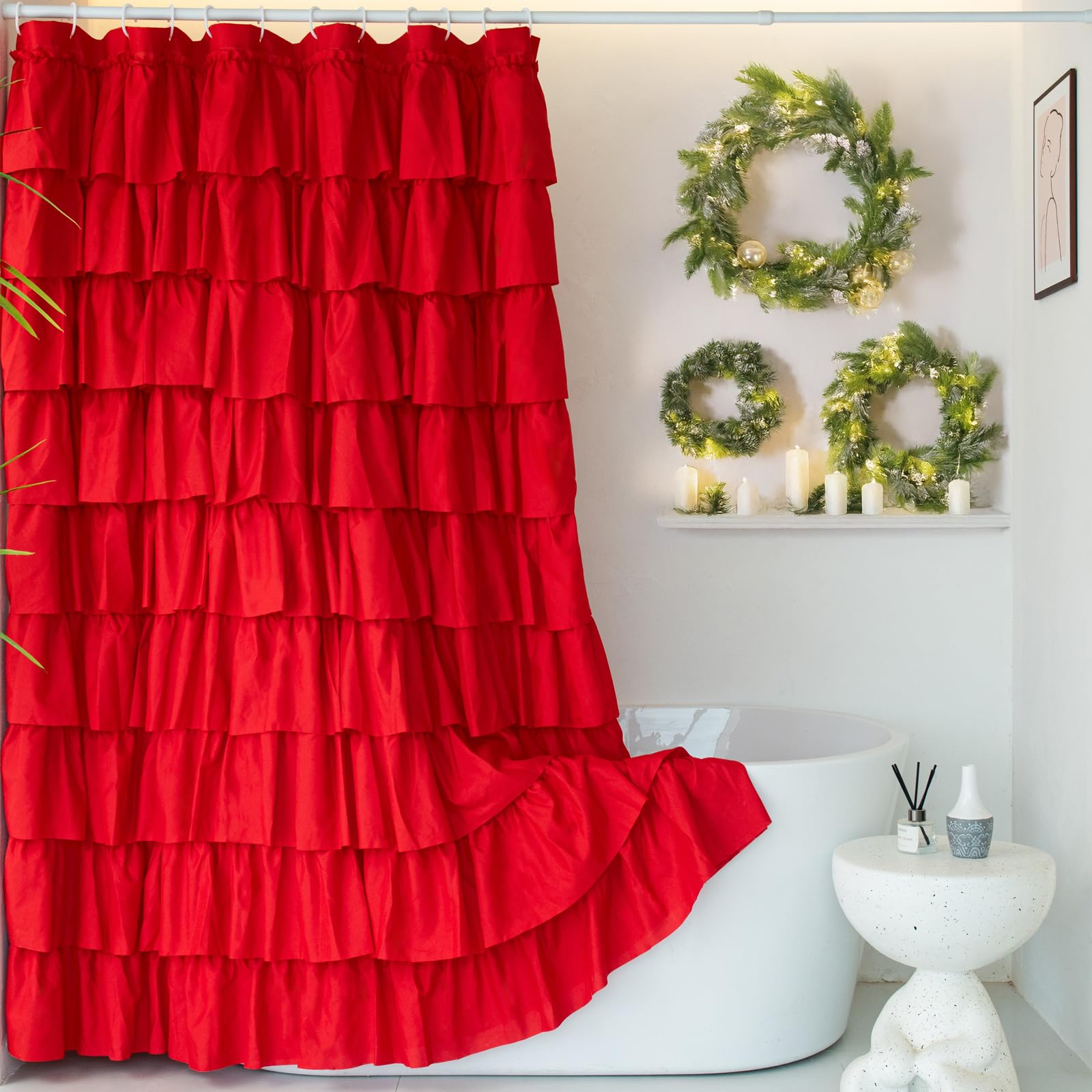 WestWeir Red Ruffle Shower Curtain – Elegant Christmas Polyester Bath Decor