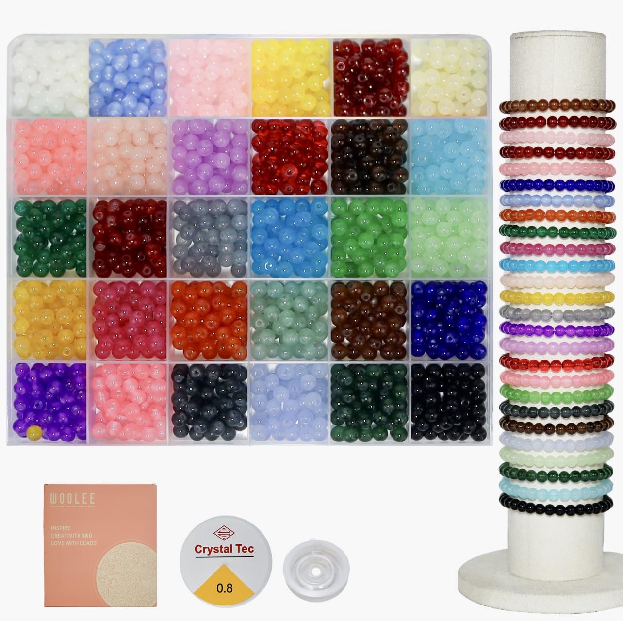 WOOLEE 1500Pcs Glass Beads Bracelet Making Kit | 30 Colors 6mm Crystal