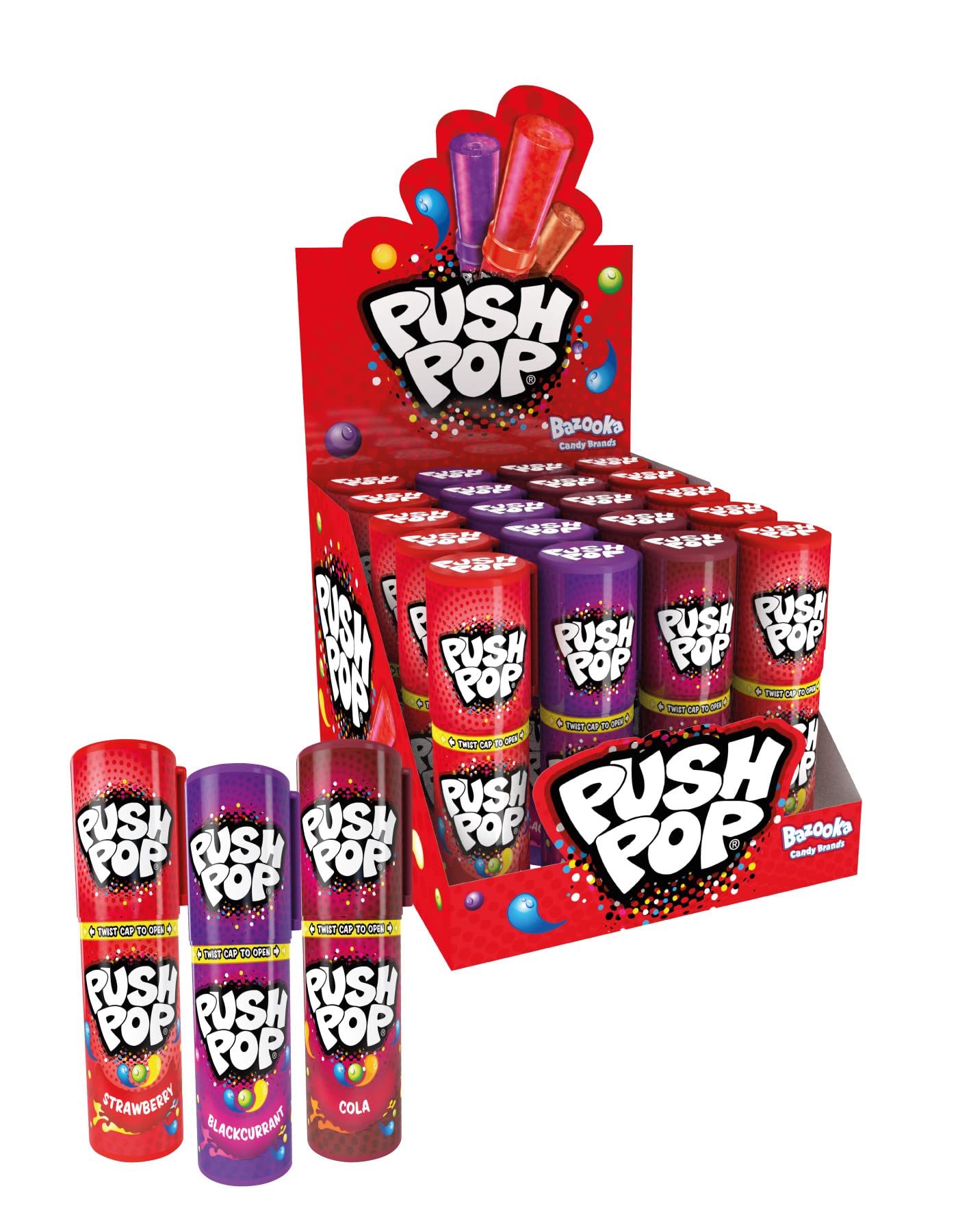 Push Pop Lollipops Bulk Pack of 20 - Strawberry, Cola & Blackcurrant