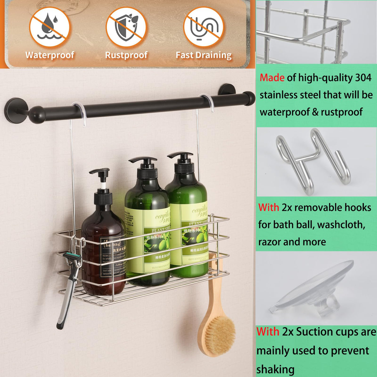 Seltomer Hanging Shower Rack Bathroom Shower Caddy Organizer Shampoo Brakect ，Rotatable Hook Bar ，Rust Proof Single-Layer - image 3