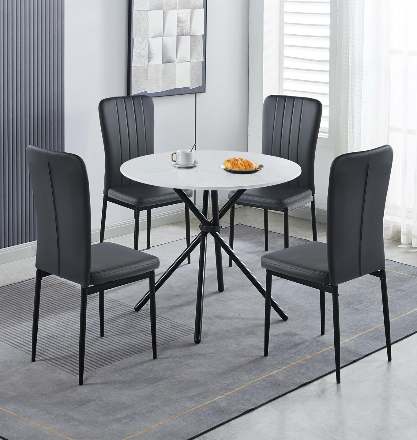 Hallowood Cullompton Round Marble Dining Table and 4 Black Leather Chairs