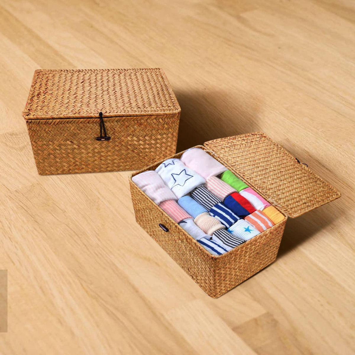 Wicker Storage Basket Woven Rattan Storage Box With Lids Seagrass Laundry Baskets Makeup Organizer For Bathroom, Living Room, Kitchen M