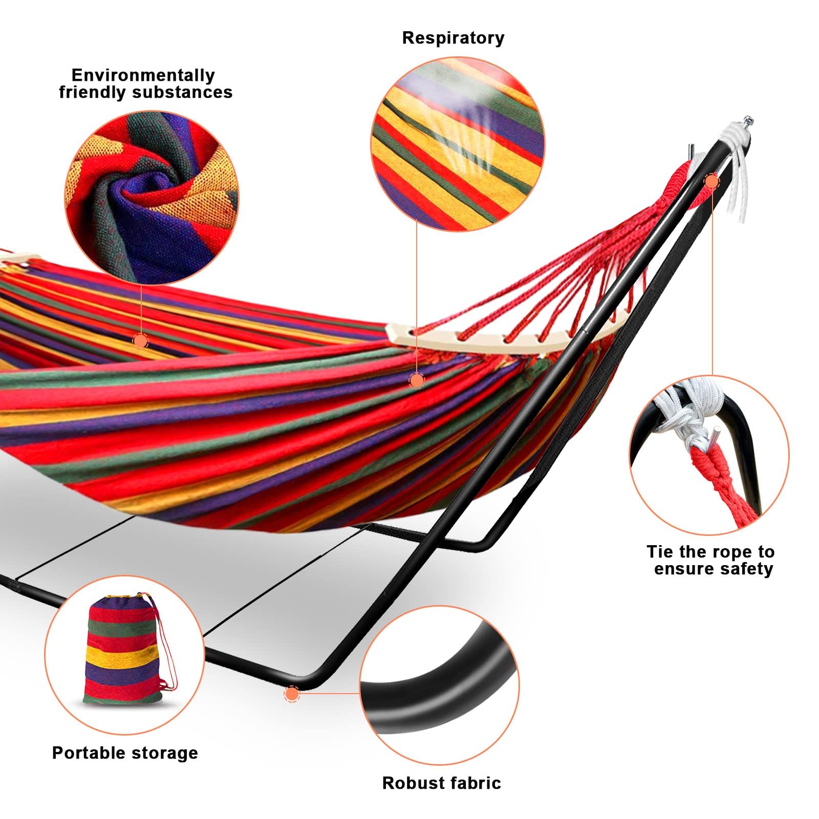 Double Cotton Hammock with Adjustable Steel Stand – Red