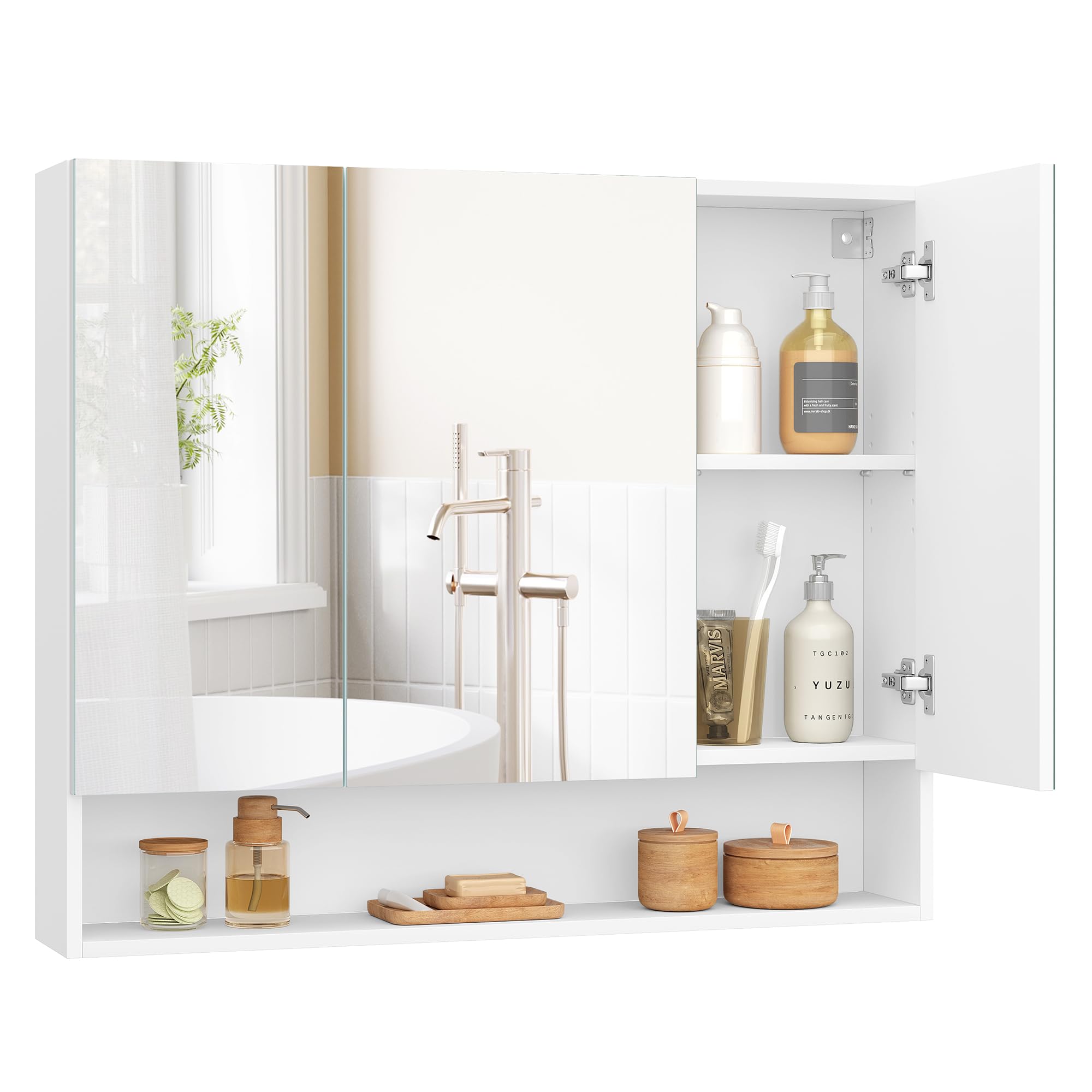 VASAGLE KAILYN Bathroom Mirror Cabinet | 3-Door Wall Storage, Cloud White