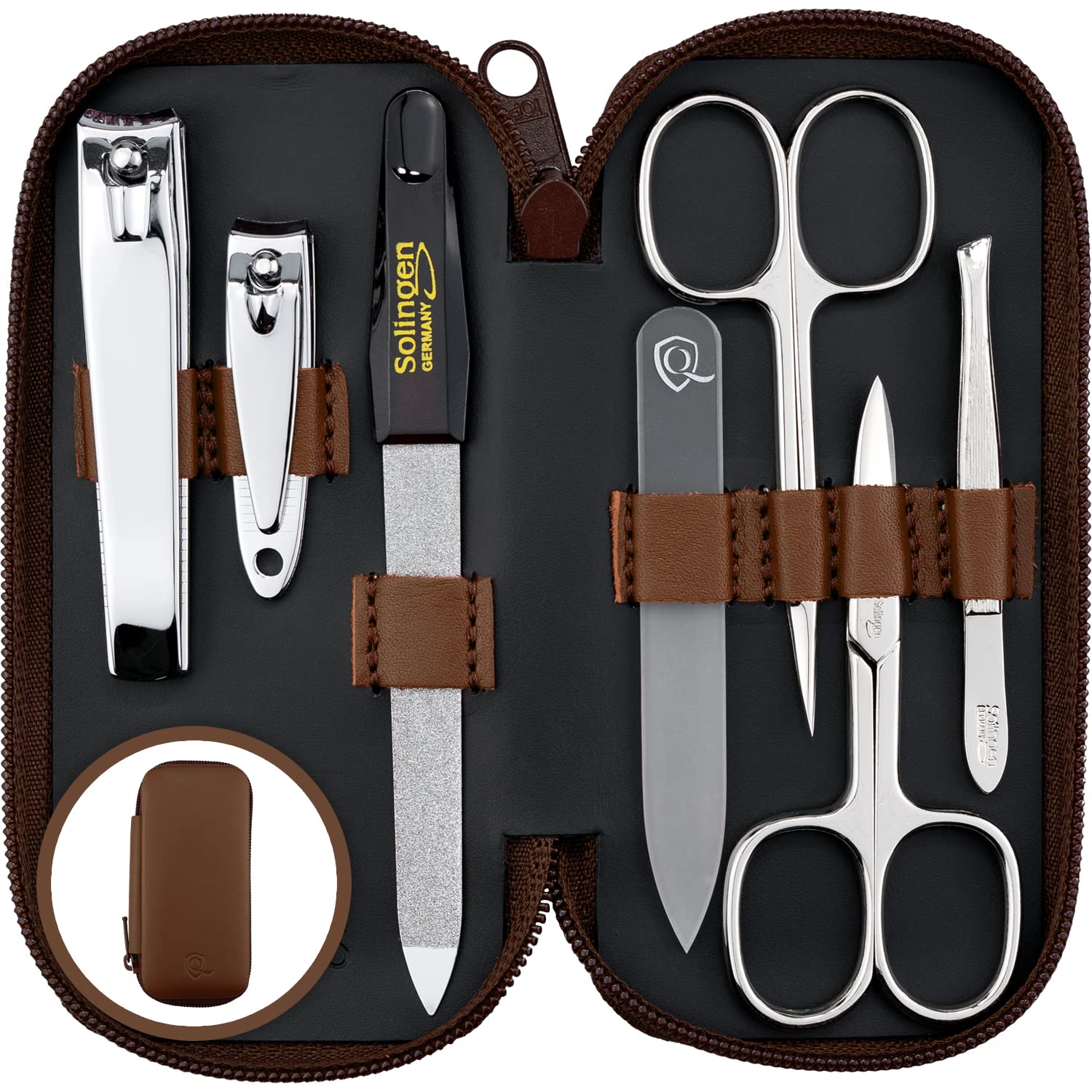 Solingen 7-Piece Manicure Set | Real Leather Case & Glass Nail File