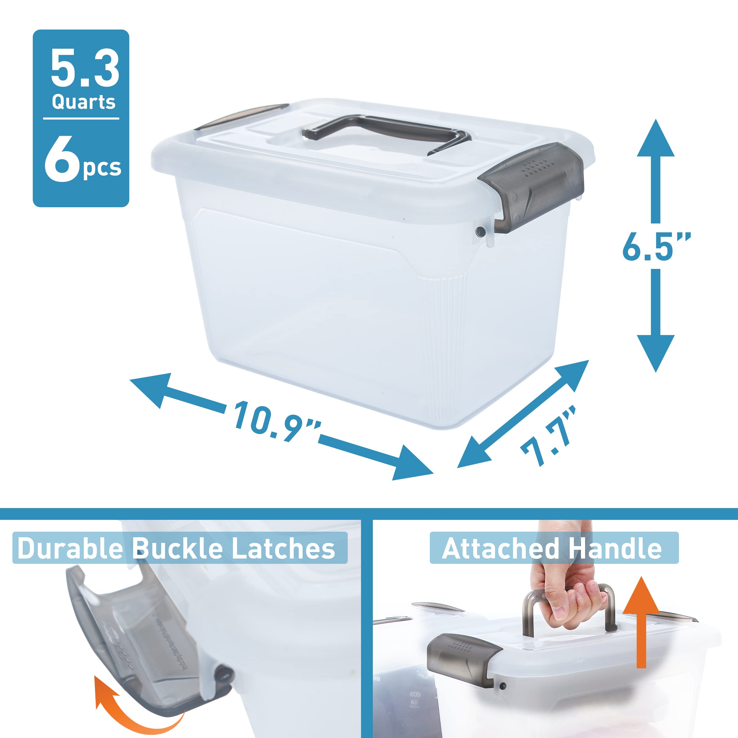Citylife 6-Pack Clear Plastic Storage Boxes with Lids & Handles, 5L