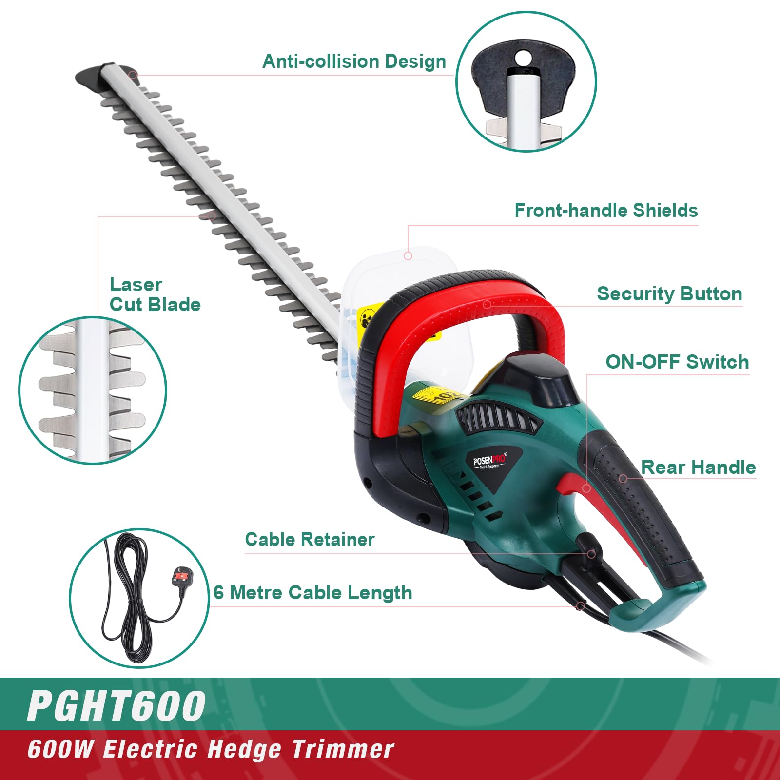 POSENPRO 600W Electric Hedge Trimmer – 550mm Dual Action Blade, 6m Cable