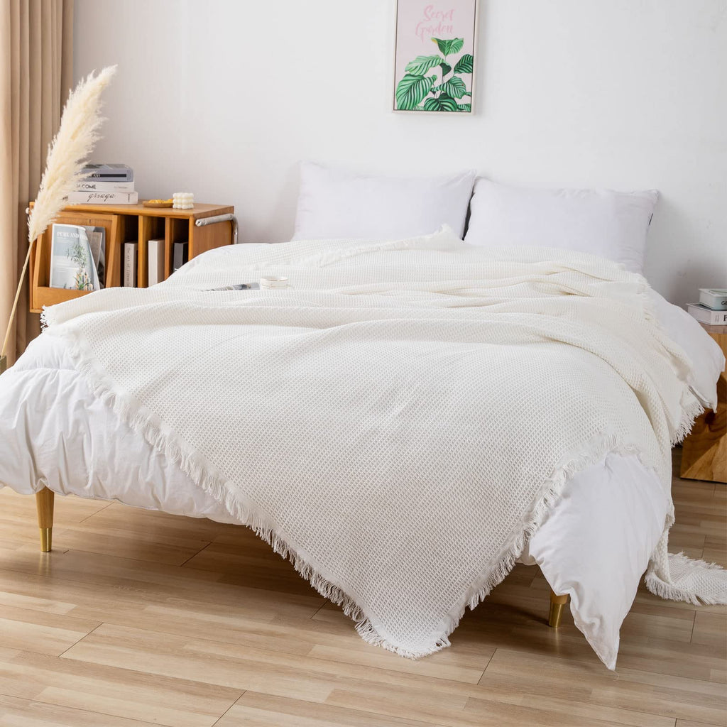 GAOWEI Waffle Sofa Throw – Cotton Couch Cover with Fringe, White 180x300cm