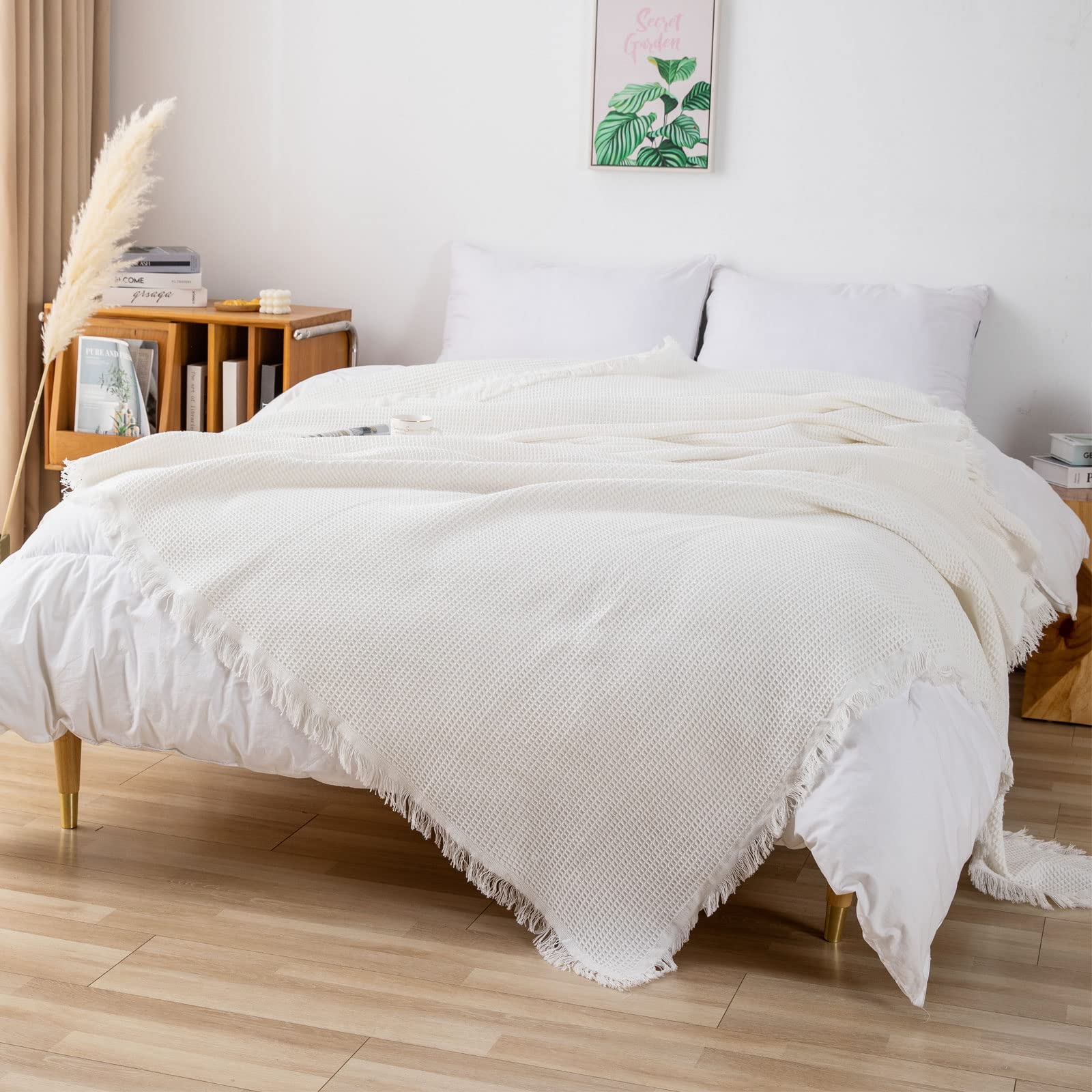 GAOWEI Waffle Sofa Throw – Cotton Couch Cover with Fringe, White 180x300cm
