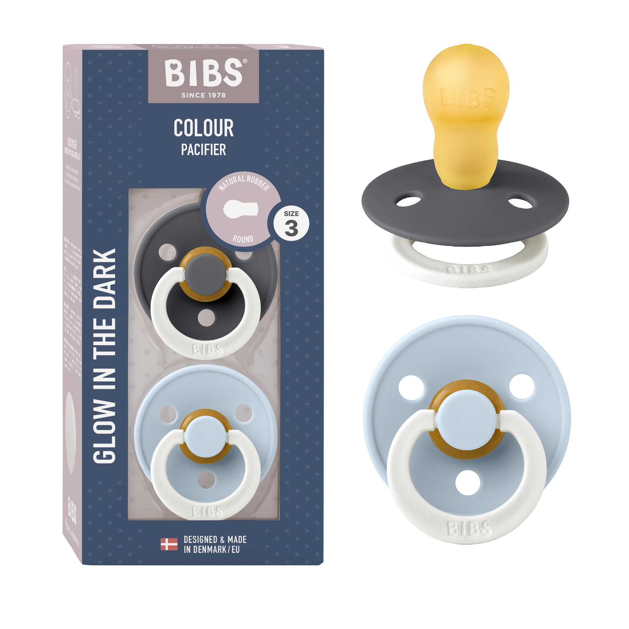 BIBS Colour Night Glow Pacifier 2-Pack | Size 3 (18+ Months) | Blue