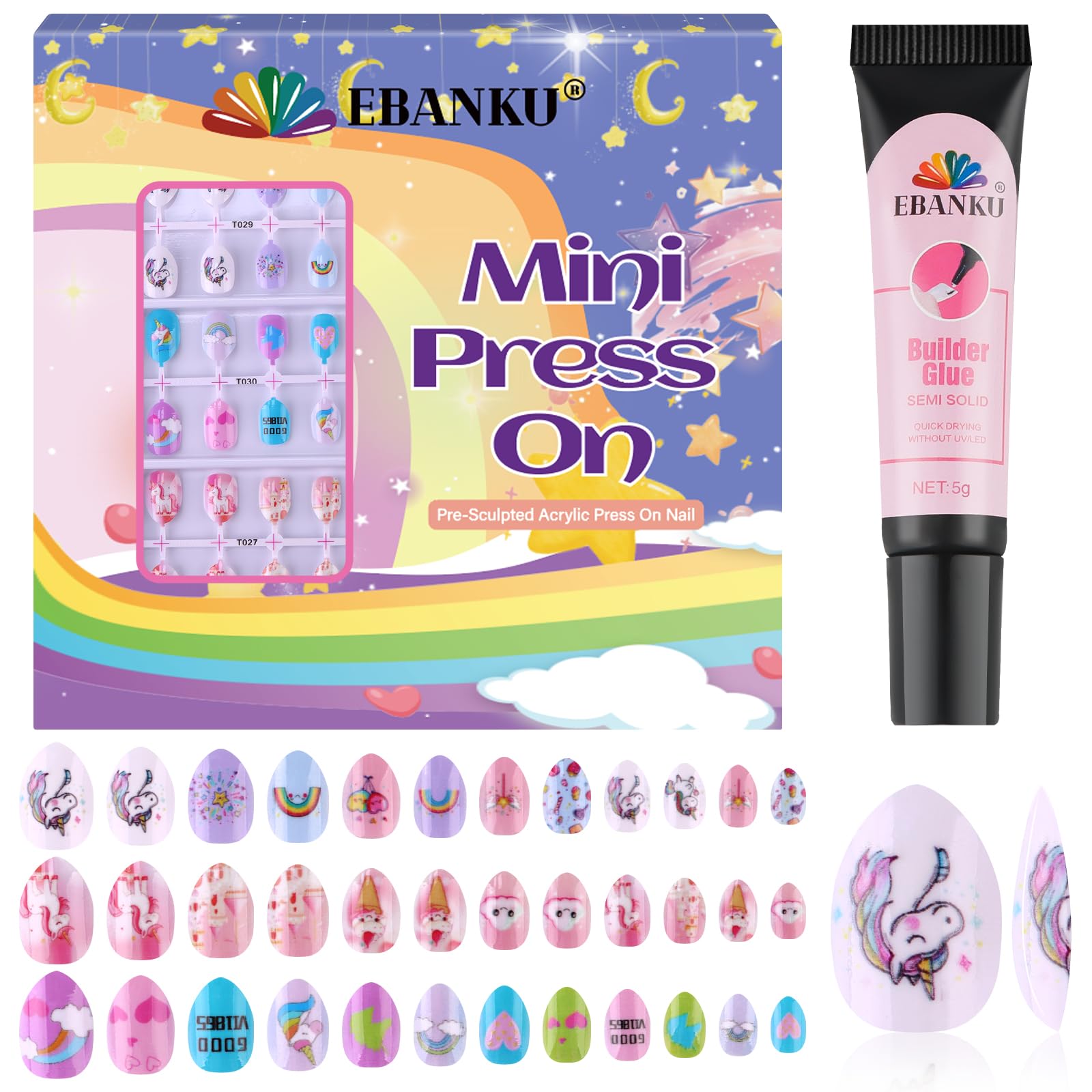 EBANKU 72Pcs Kids Press on Nails – Cute Ice Cream Pattern Fake Nail Kit