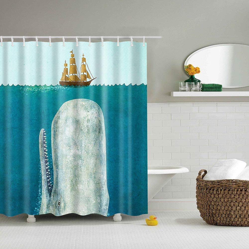 Blue Whale & Sailboat Waterproof Polyester Shower Curtain