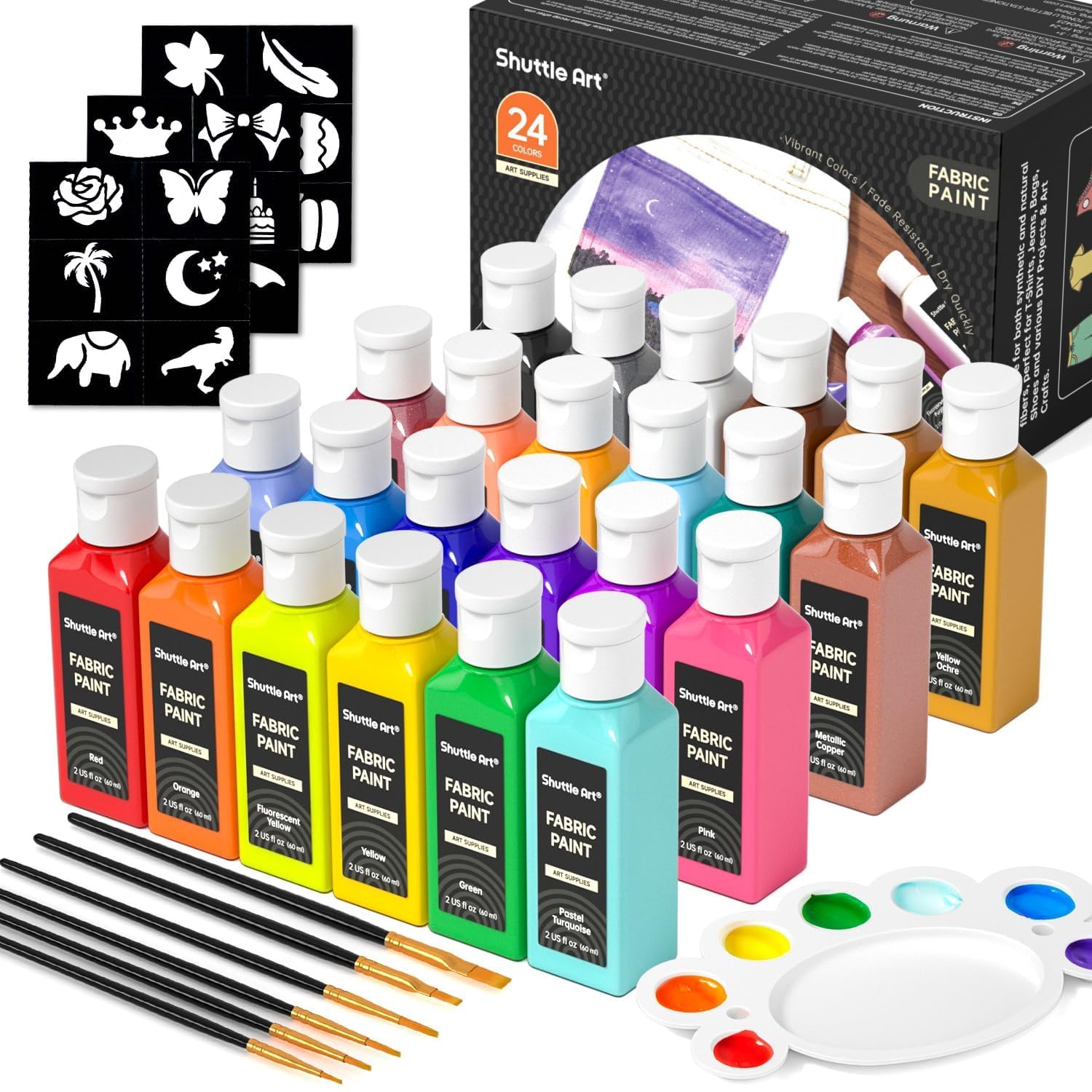 Shuttle Art Permanent Fabric Paint Set - 24 Colors for Clothes & Shoes