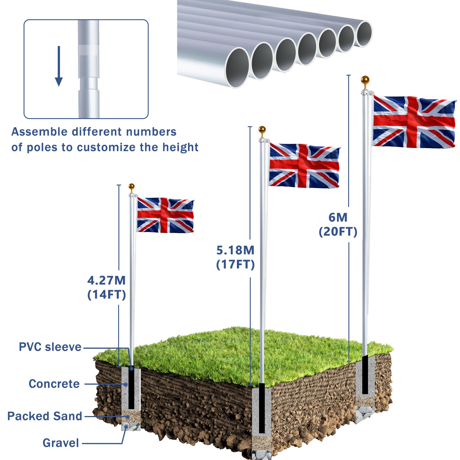 NQ 20FT Heavy Duty Aluminum Flag Pole Kit | Sectional In-Ground Flagpole