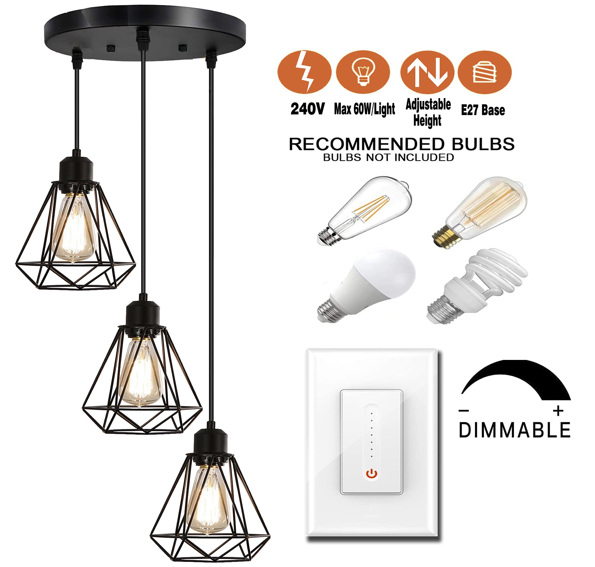Timi Home Industrial 3-Light Pendant Light | Black Metal Cage Shade