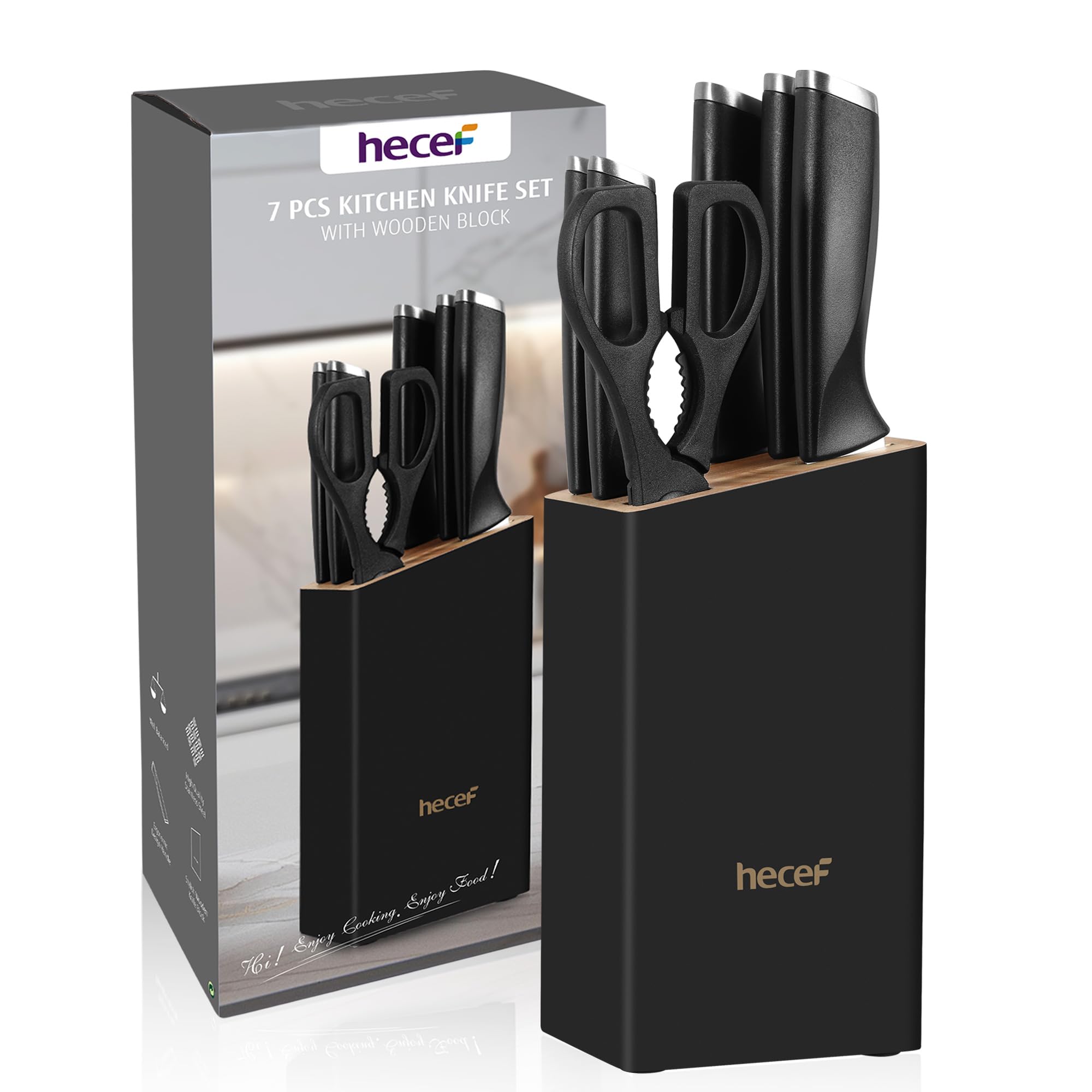 hecef 7-Piece Stainless Steel Knife Set with Wooden Block & Scissors