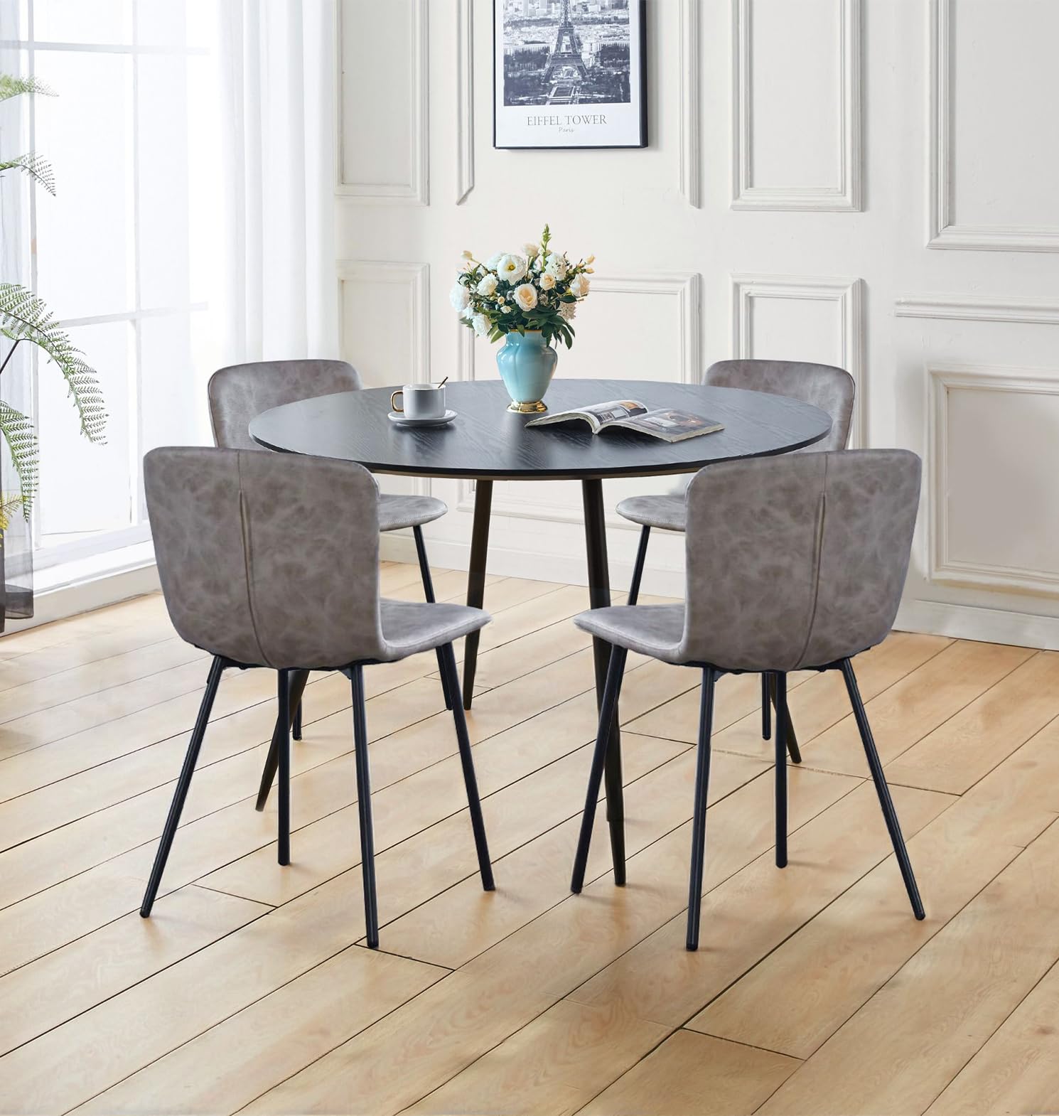 Hallowood Cullompton Round Dining Table and 4 Taupe Faux Leather Chairs