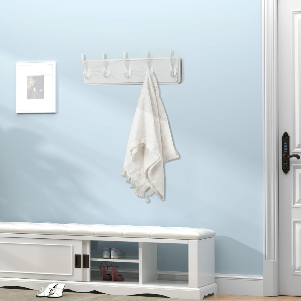 WEBI Rustic White Solid Wood Wall Mounted Coat Rack with 5 Hooks – 2 Pack