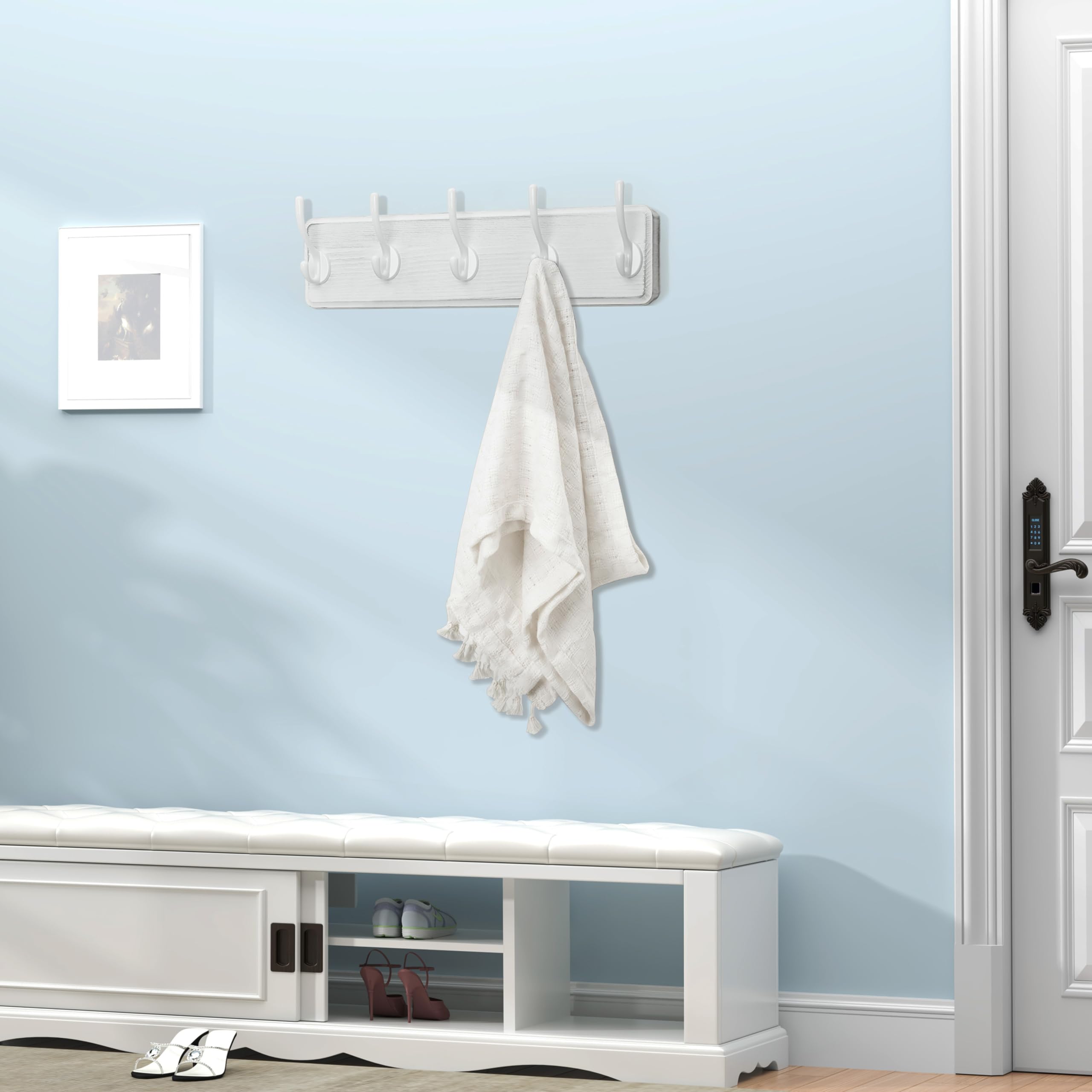 WEBI Rustic White Solid Wood Wall Mounted Coat Rack with 5 Hooks – 2 Pack