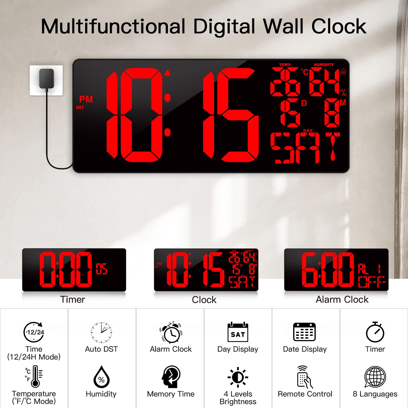 XREXS 18 Inch Extra Large Digital Wall Clock with Remote & LED Timer