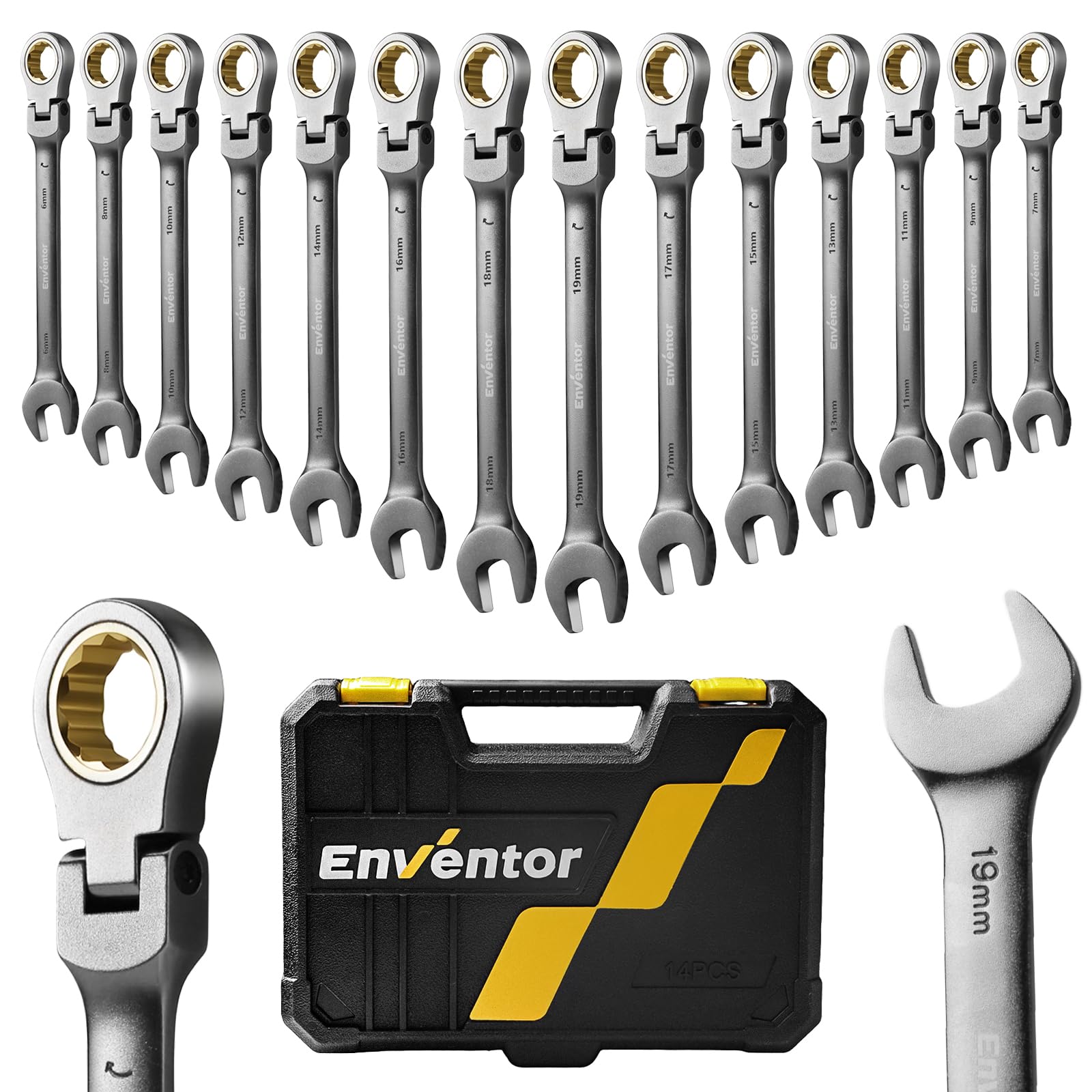 Enventor 14-Piece Flex-Head Ratchet Spanner Set | 6-19mm Metric Wrenches