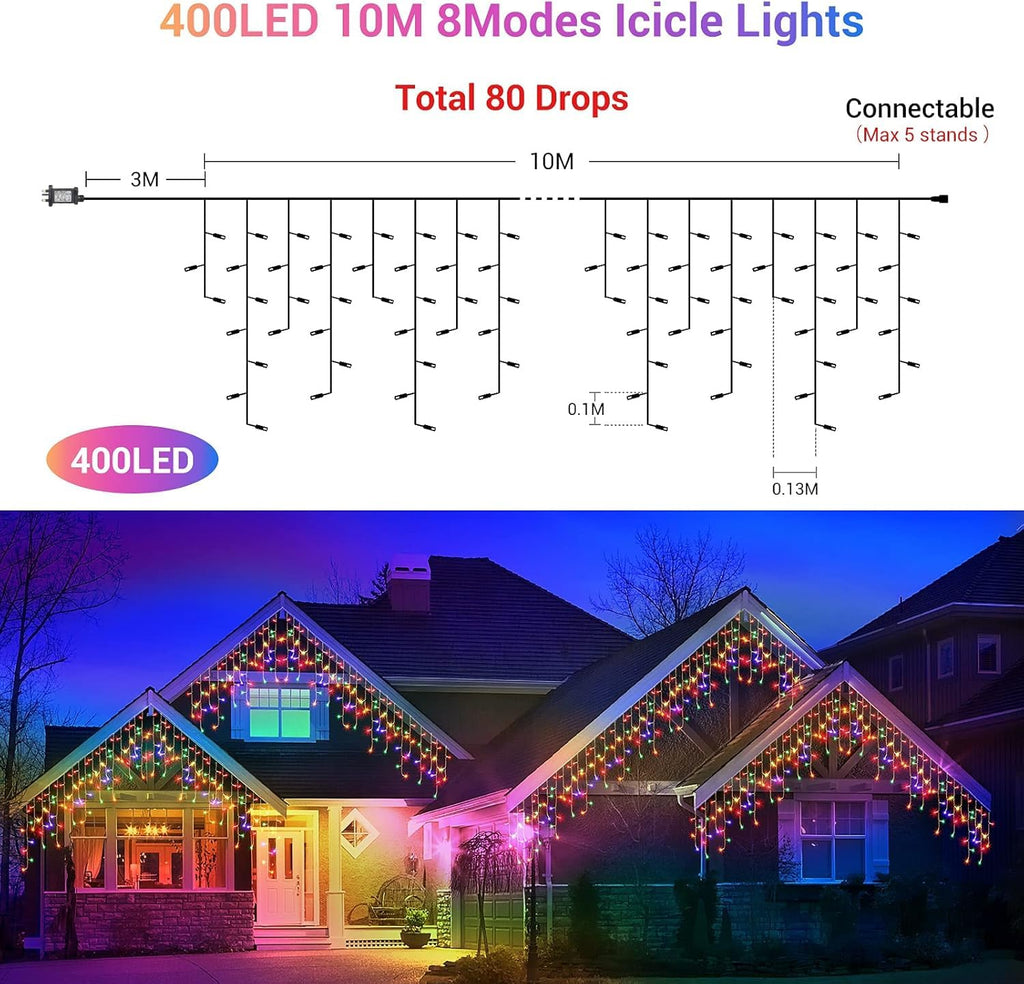GlobaLink 400LED Outdoor Icicle Lights | 10M Multicolored Fairy Lights