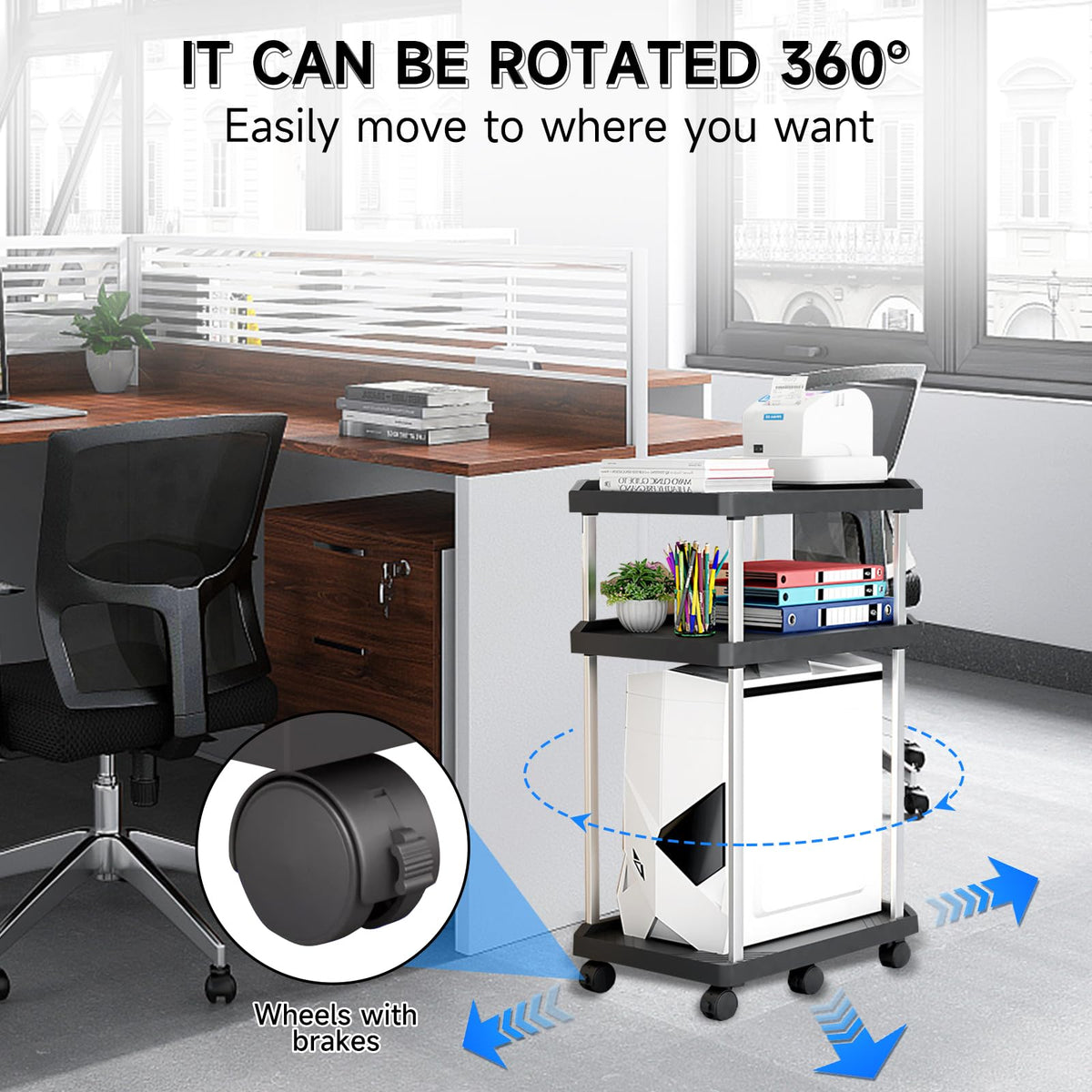 Niciksty 3 Tier Mobile CPU Tower Stand with Wheels, Black - image 2
